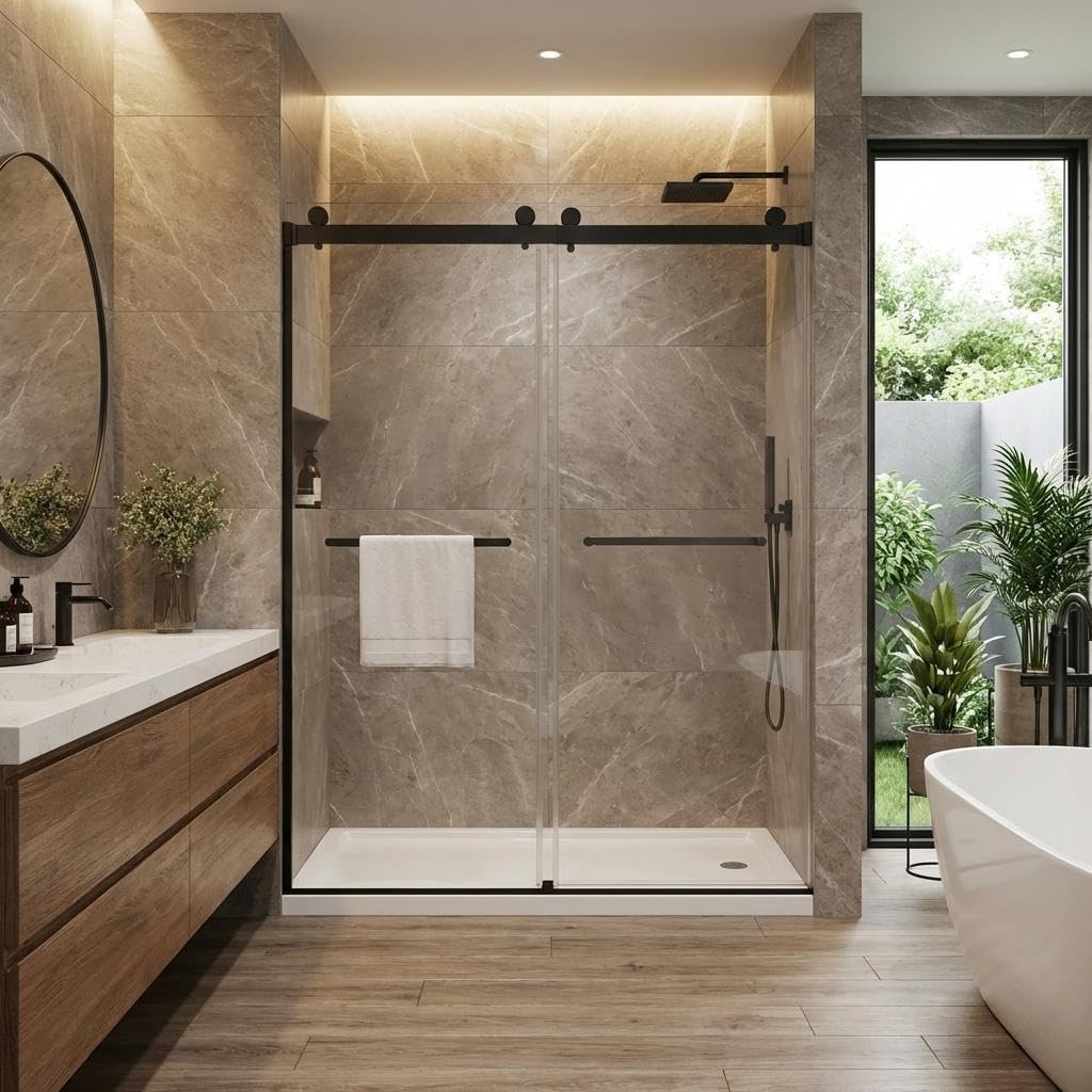 60" x 74" Frameless Sliding Bathtub Door, 1/4" (6mm) Tempered Glass with Stainless Steel Square Rail &amp; Dual Handles, Smooth Bi-Directional Sliding, Space-Efficient Bypass Tub Door, Matte Black