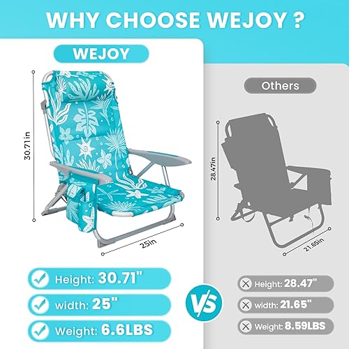 Miniatura 7 de #WEJOY Silla de playa para adultos, posición ajustable reclinable, plana, ligera, plegable, portátil, de aluminio, con correas para mochila,