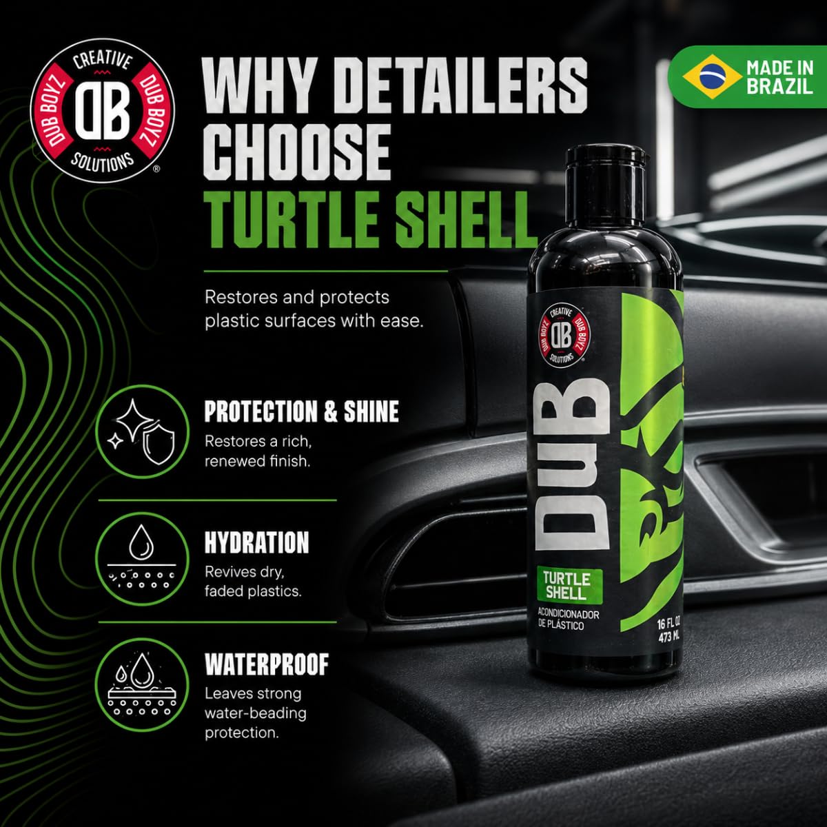 DUB BOYZ Turtle Shell Protectant Dressing, Interior & Exterior Protectant for Vinyl, Plastic, Rubber, and Leather, Non-Greasy Matte Finish, UV Protection, Easy Application with Cloth (16 Fl Oz)