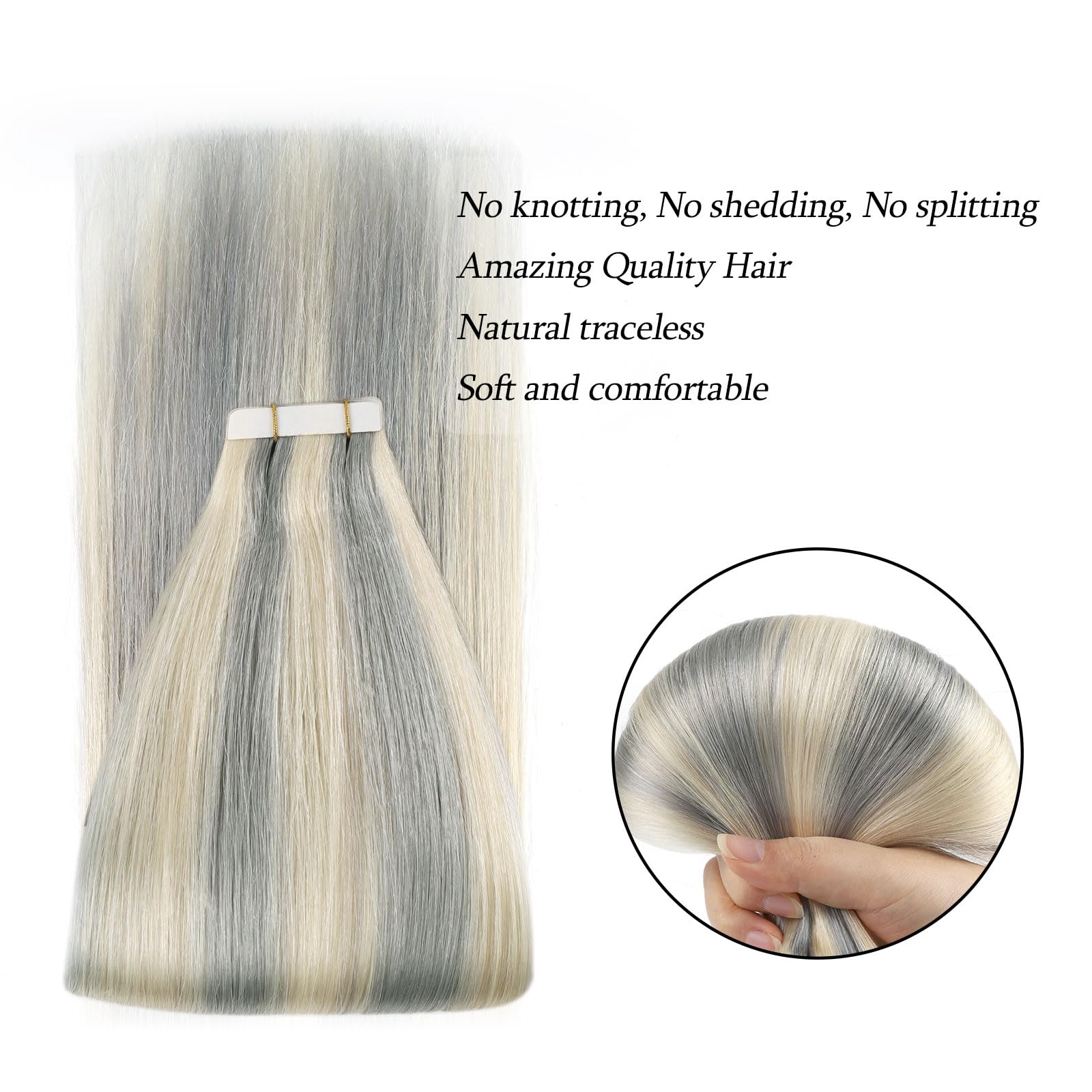 ABH AMAZINGBEAUTY HAIR Tape in Hair Extensions Real Human Hair Silver Gray Highlighted Platinum Blonde Tape Hair Extensions Color P#Silver-60 Straight Seamless Skin Weft 16 Inch 50g/pack 20pcs - Image 3