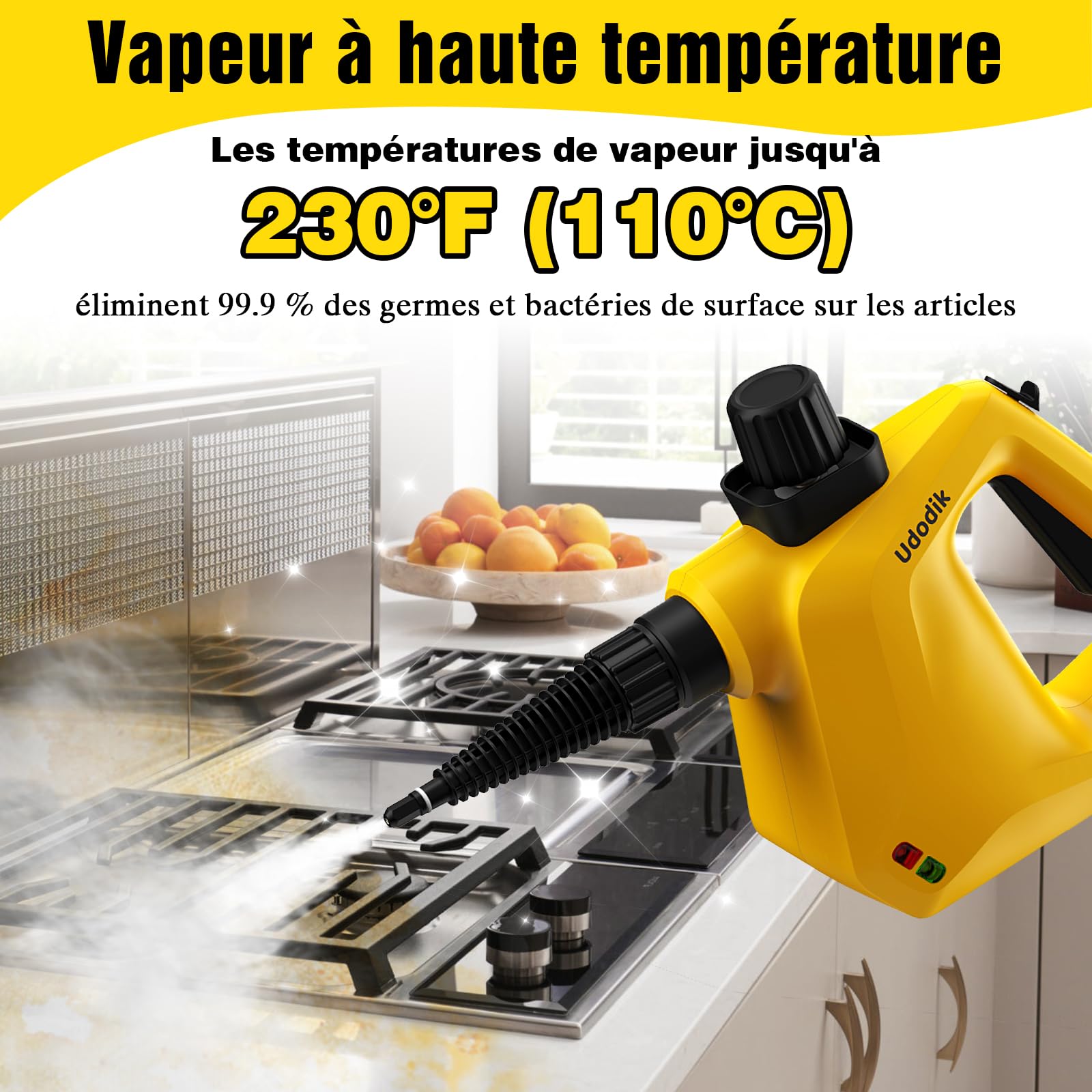 Nettoyeur vapeur portable pour la maison, multi-usages avec 10 accessoires pour tapis, rideaux, canapés, cuisine, punaises, salle de bain et plus encore (yellow)
