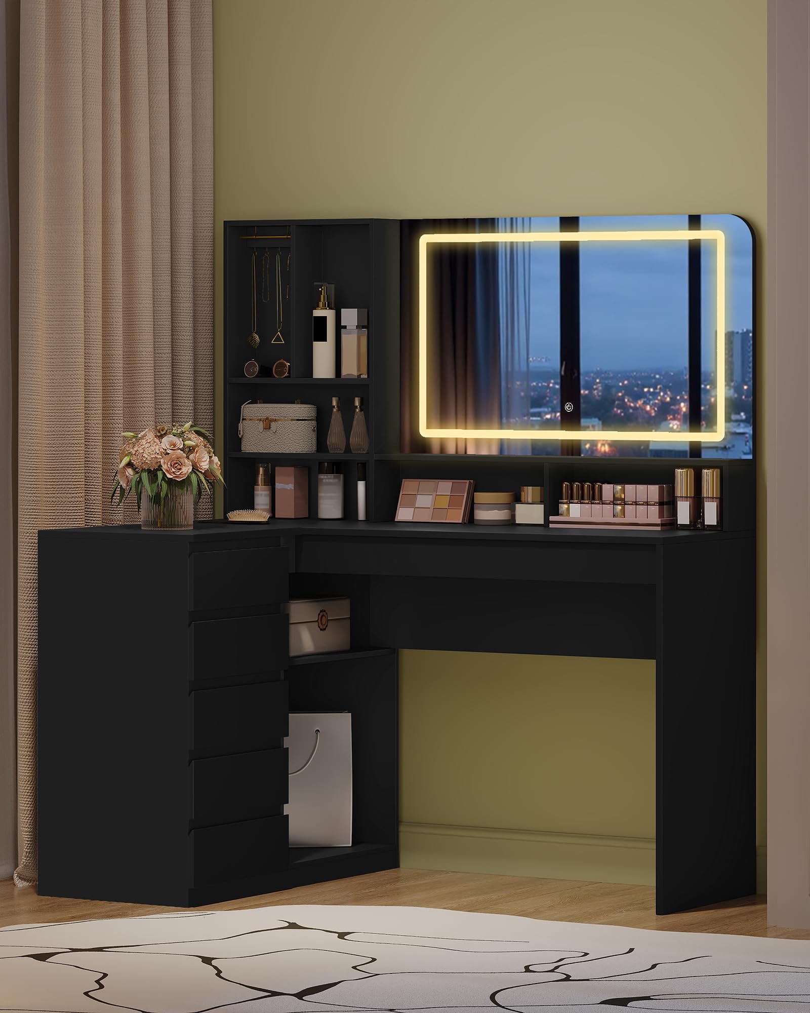 Hzuaneri Schminktisch mit Große Spiegel,Schminktisch mit LED-Beleuchtung, L-Förmiger Eck- mit 5 Schubladen und 7 Offenen Fächern, Kettenhaken, Schlafzimmer, Ankleidezimmer, Modern, Schwarz DT42506XEU