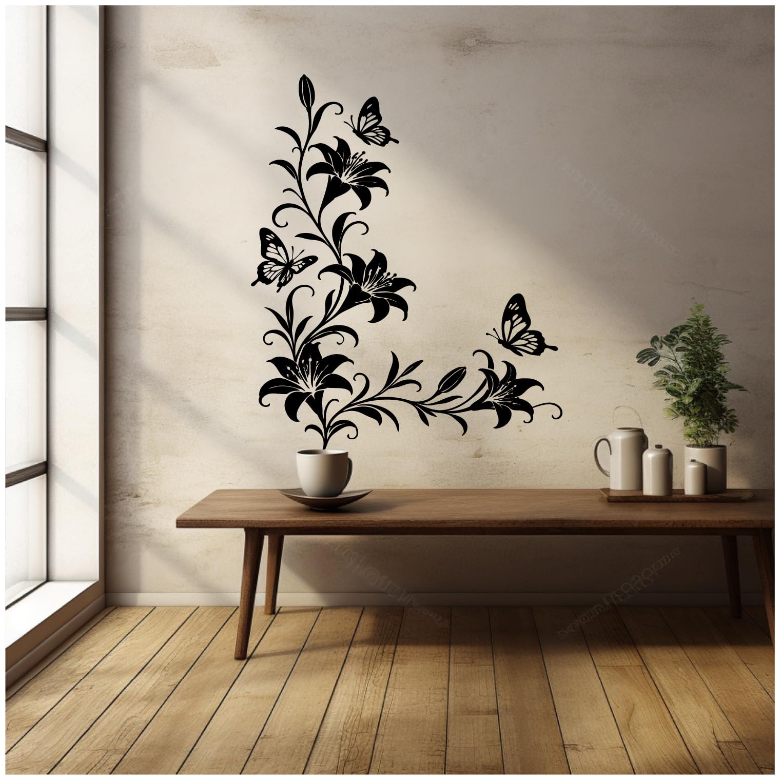 Samunshi® Wandtattoo Lilien Blumenranken Ecke mit Schmetterlingen Elegante Blumen Wanddekoration Florales Wandmotiv für Wohnzimmer, Schlafzimmer, Flur und Küche braun 89 x 120cm