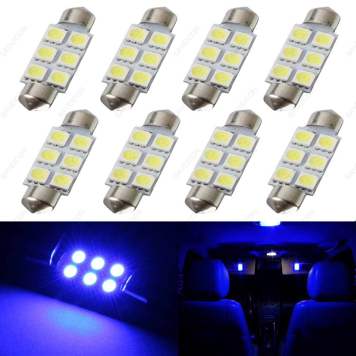 36MM 6-SMD 5050 Festoon Dome Map Interior LED Light Bulbs Lamp For 3021 DE3021 6411 6413 6418 DE3423 DE3425 (8 pieces) (Blue)