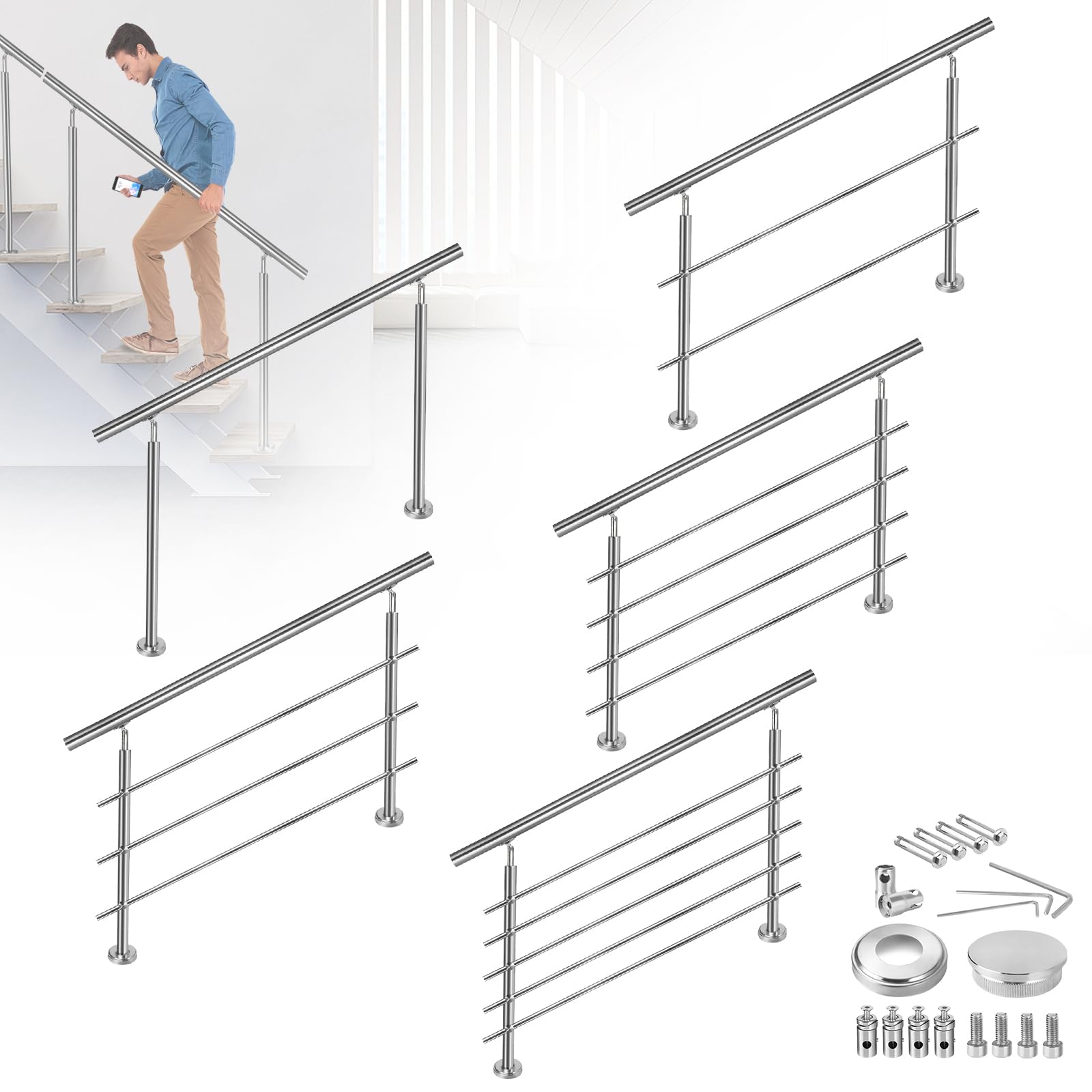 FIVMEN - Ringhiera in acciaio inox per scale esterne, 160 cm, corrimano con 2 pali, kit di costruzione per scale per interni ed esterni, senza barre trasversali