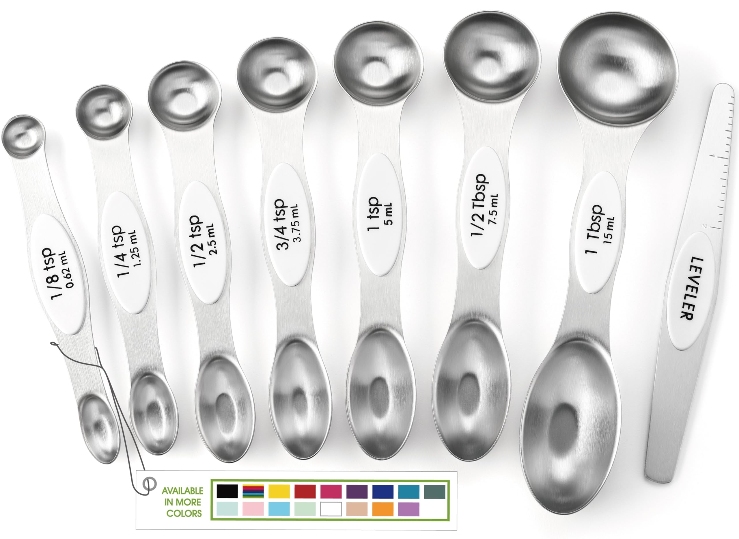 Spring Chef White Stainless Steel Magnetic Measuring Spoons Set of 8 with Leveler, Dual Sided Metal Teaspoon & Tablespoon Measuring Spoons, Fits in Spice Jars, Kitchen Gadgets for Baking & Cooking
