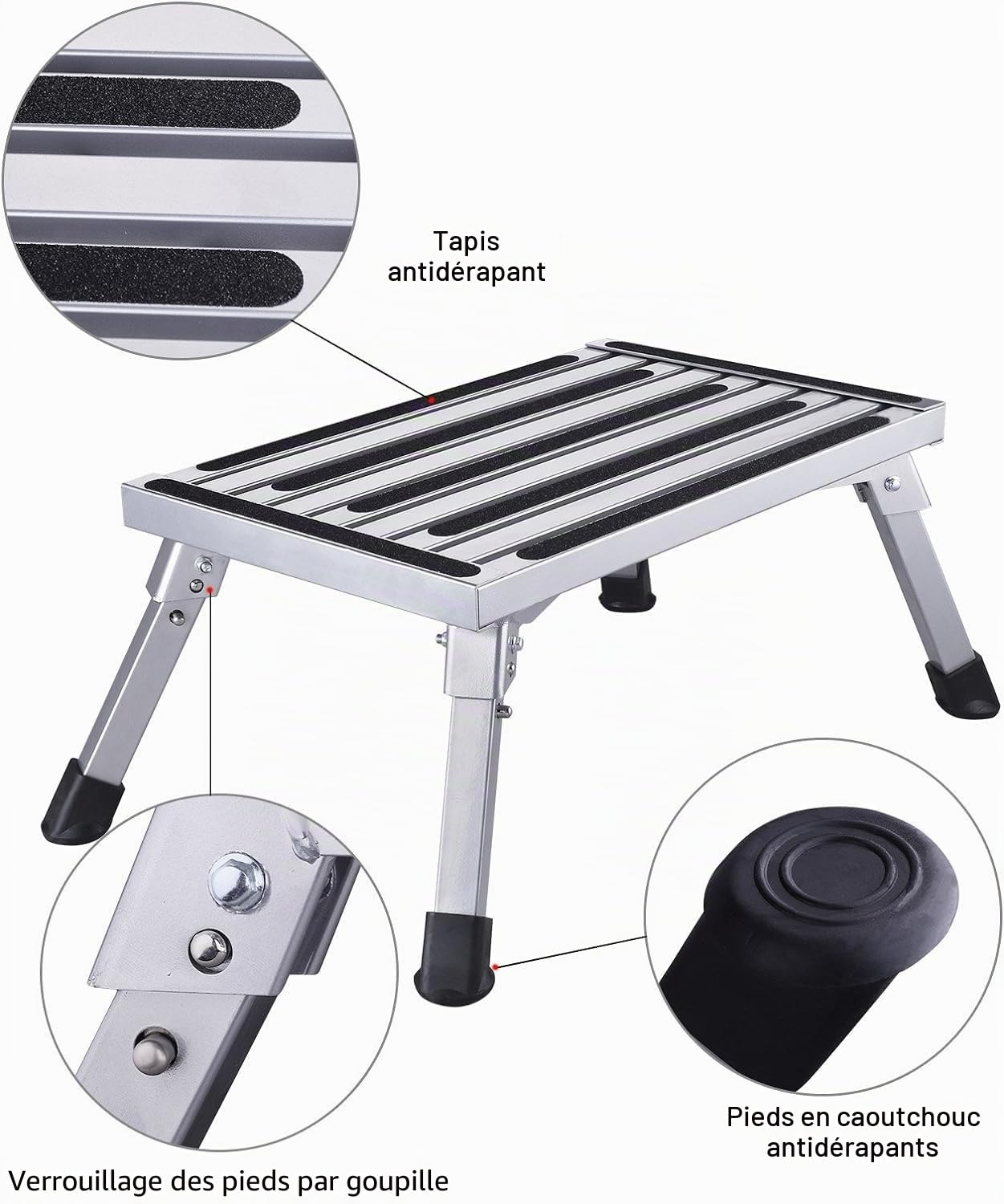 Johgee Marche Pied Pliable Escabeau Pliant Aluminium Marchepied Caravane Antidérapant Capacité 150 kg, Taille 47 x 30 x 23 cm