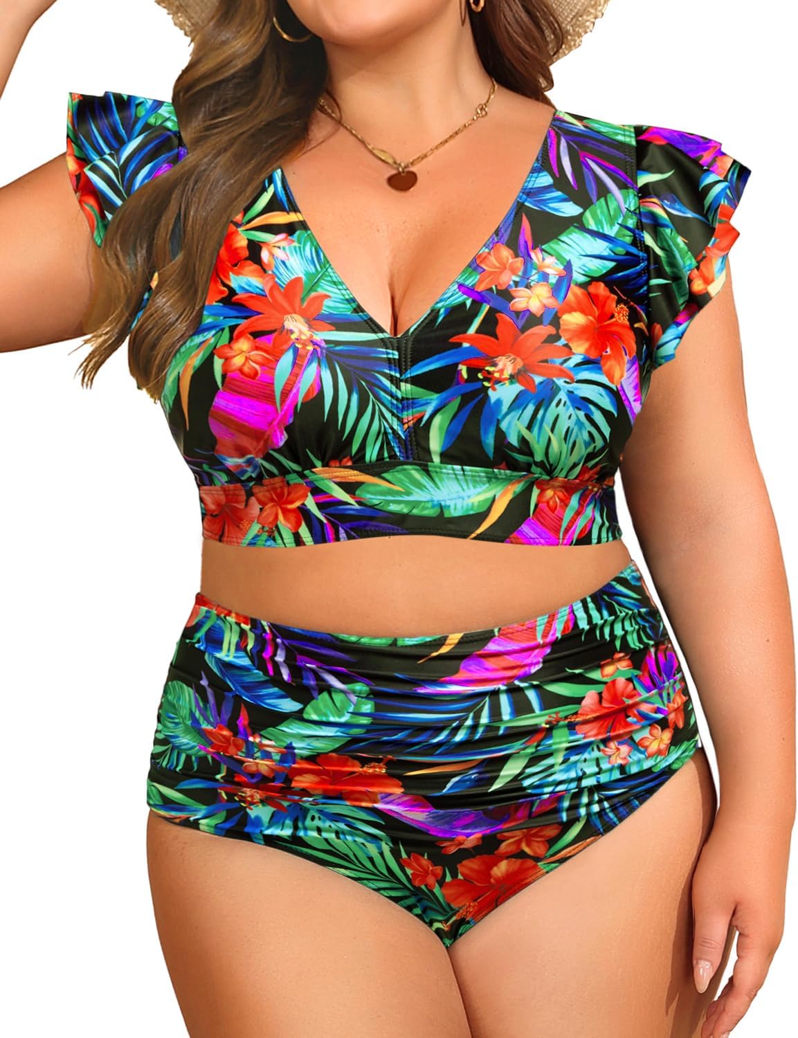 Plus Size Two Piece Bikini Swimsuits - High Waisted Tummy Control Women Bathing Suits with Ruffle Sleeve Swimwear