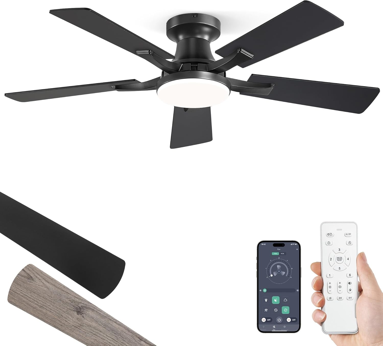 ZMISHIBO 42 Inch Ceiling Fan with Light, App&Remote Control, Flush Mount Low Profile, Dimmable 20W LED Light, Quiet Reversible Motor for Bedroom, Living Room, Apartment, Black 42 Inch Black