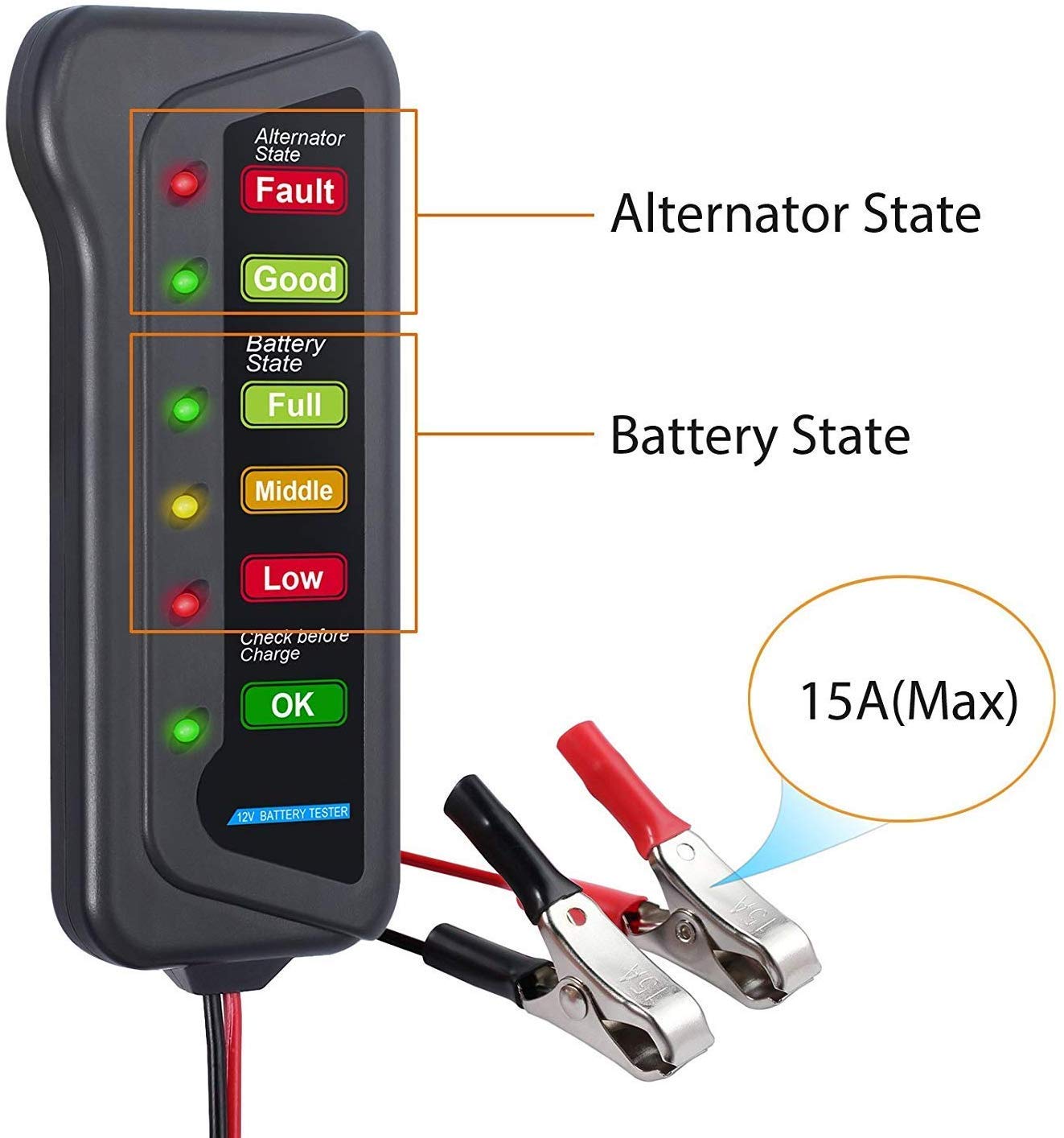 Car Battery Tester 12V Motorcycle Battery Load Analyzer Alternator with 6 LEDs Display Check Scan Tool for Audi/VW/Ford/GM/Chrysler/Benz/BMW/Porsche Car, SUV, Light Duty Vehicles
