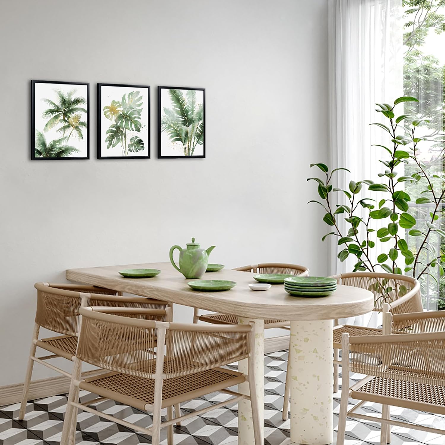 Conipit Tropical Leaf Wall Art Botanical Canvas For Living Room Bathroom Wall Art Green Plant Pictures Wall Decor Art Prints, Black Frame,12''x16''x3panels