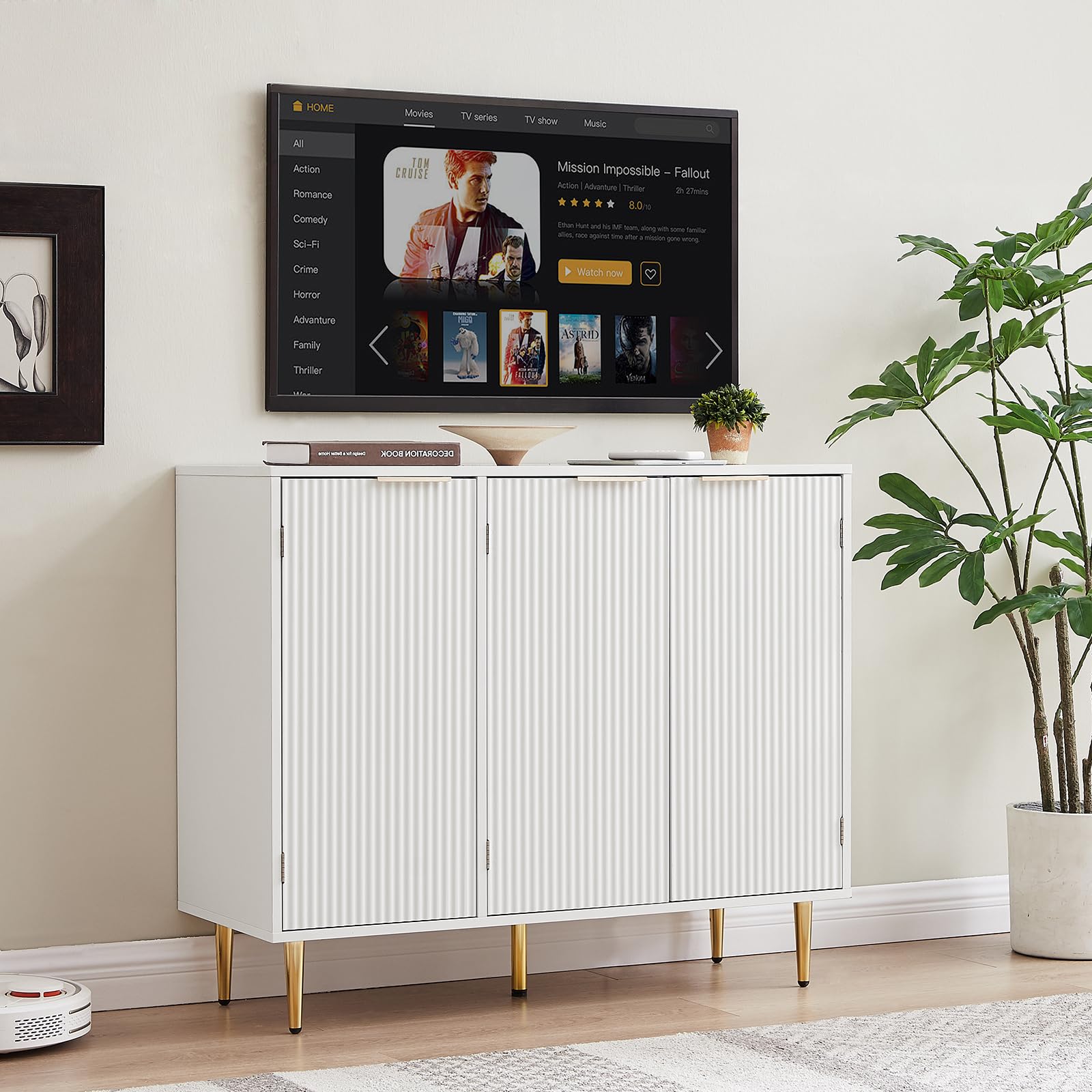 Storage Cabinet, Three Door Buffets & Sideboards, for Living Room, Dining Room, Bedroom, Hall, White, 39.4''W x 15.8''D x 33.5''H, W1162P152976