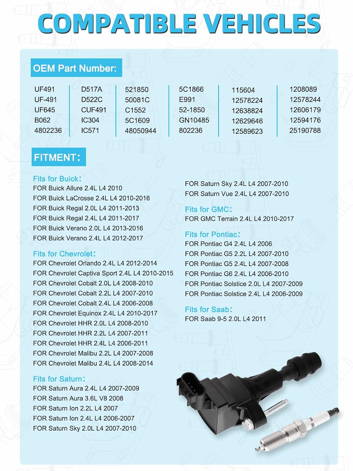 UF491 Ignition Coil XP5263 Spark Plug For Buick LaCrosse Regal Verano,For Chevy Captiva Cobalt Equinox HHR Malibu,Terrain,For Pontiac G5 G6,For Saturn Aura Sky Vue 2.0L 2.2L 2.4L 2006-2017,4Pcs