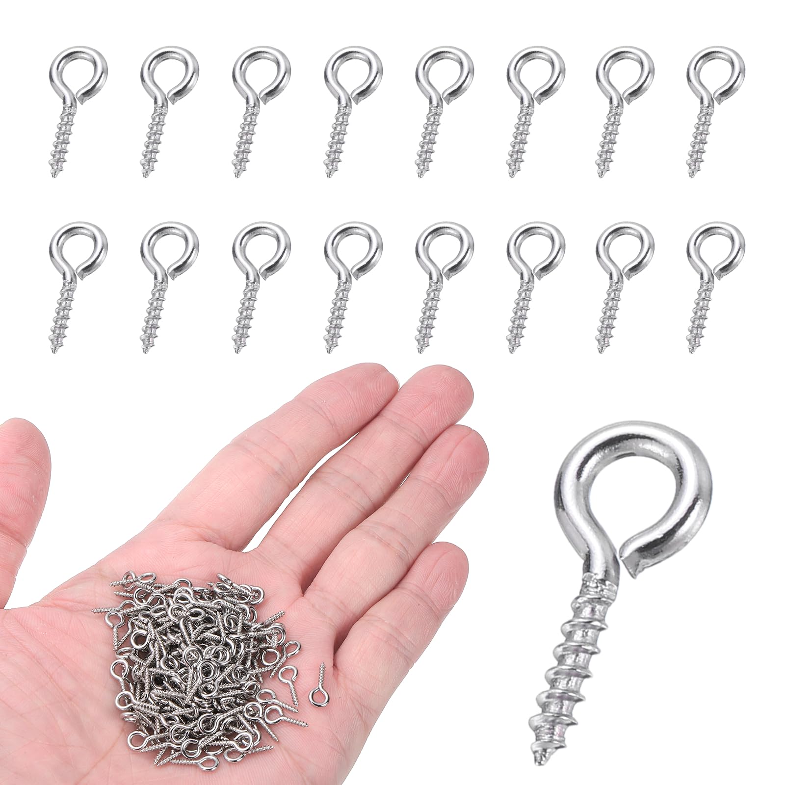 sourcing map 250Pcs Screw Hooks Eyes, M1.2x12mm 304 Stainless Steel Small Eye Bolts Screw, Self Tapping Eye Bolts Closed-End for DIY Handwork Wooden Clay Pendants Cork Bottles, Silver Tone