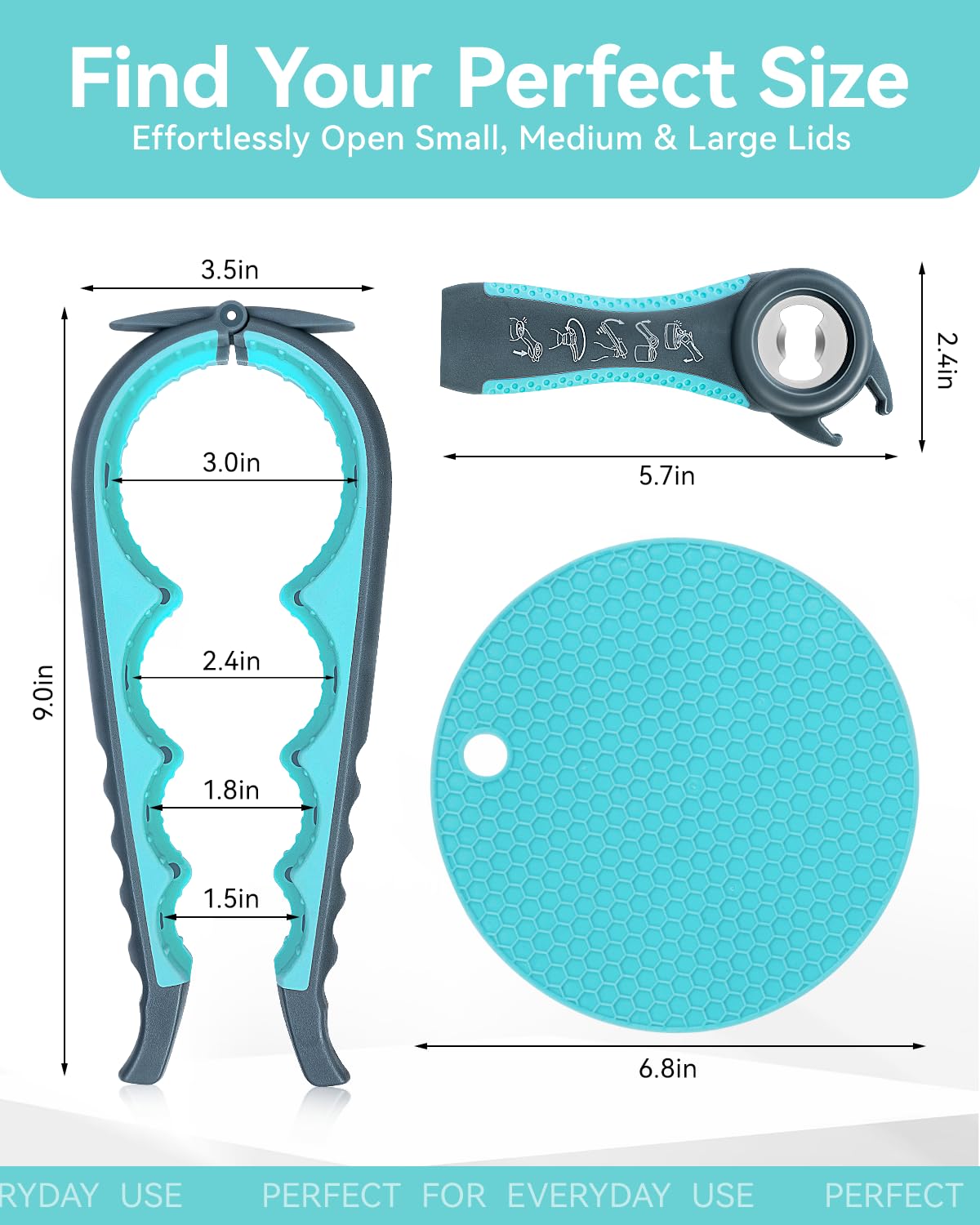 SUNRAYNEST Jar Opener 3-Piece Set – Ergonomic Non-Slip Multi-Function Can and Bottle Opener for Seniors, Arthritis & Weak Hands – Safe, Easy to Use in Kitchen, Camping, Gift Ready