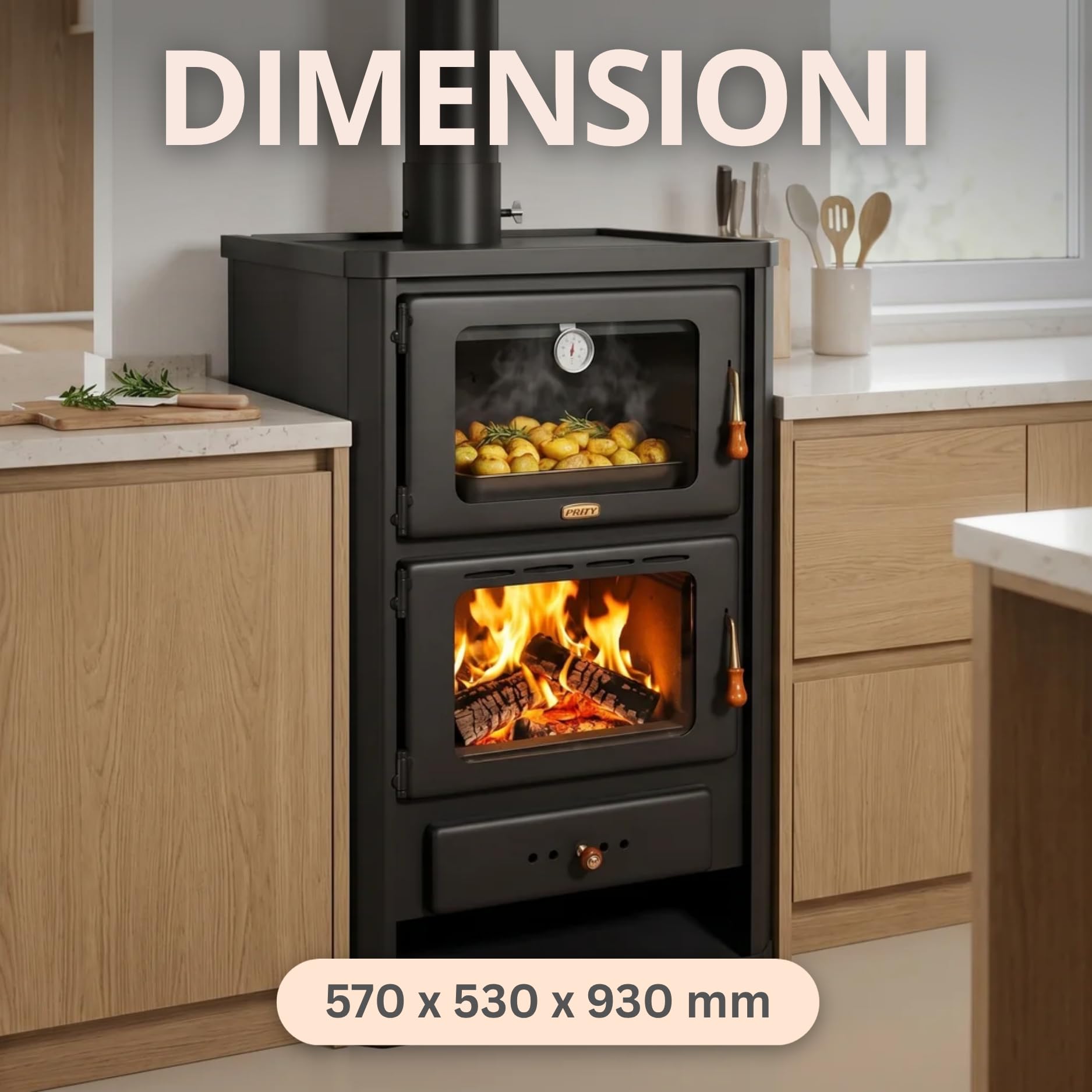 Prity FG Stufa a legna con forno | Piano cottura in ghisa | Certificazione CE | Fornello da cucina in fattoria | Conforme alla norma EN 13240