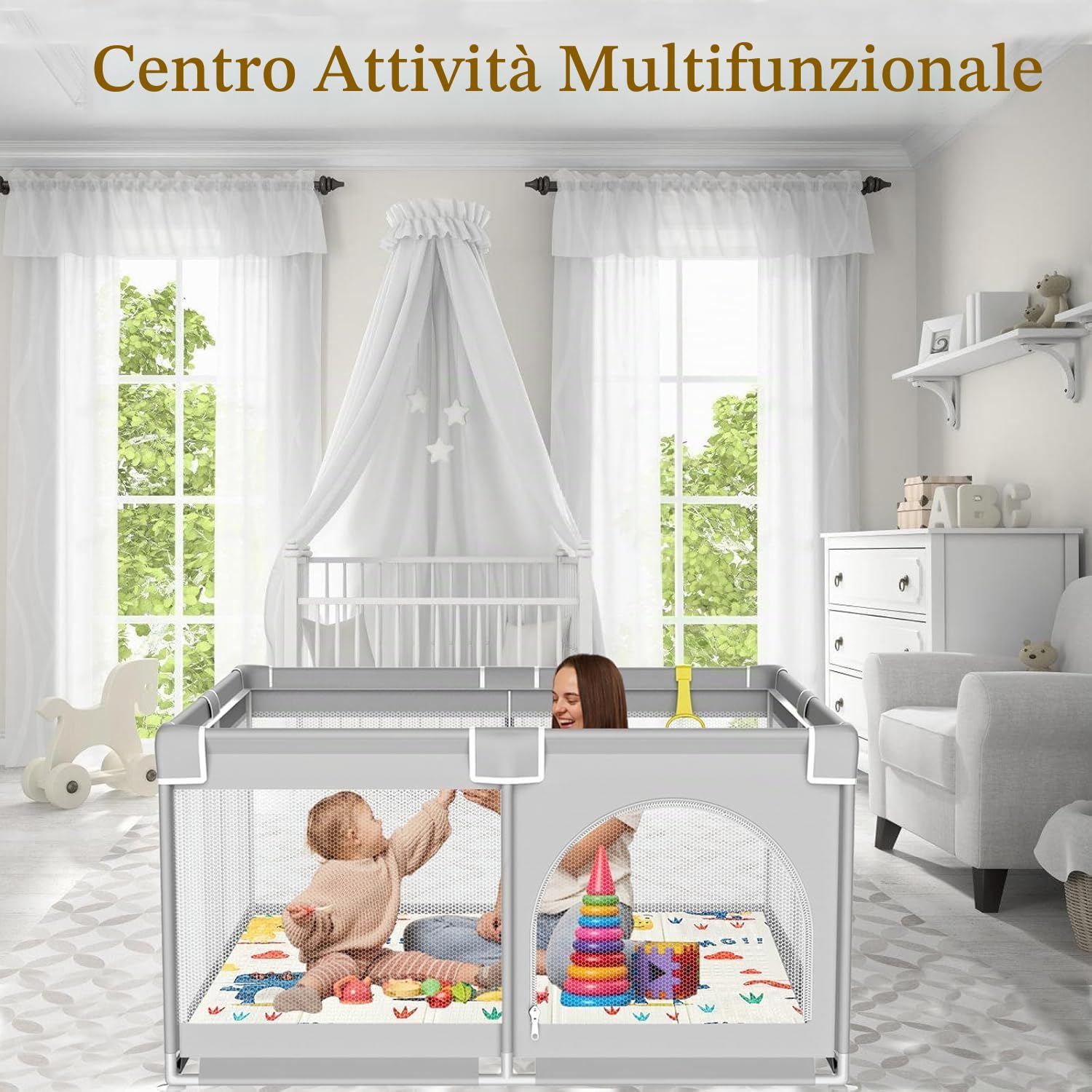 120x120cm Box Bambini con Materassino, Recinto per Bambini, Box Neonato con Tappeto Schiuma, Recinto Neonato con Rete Traspirante Sui Quattro Lati e Ventose