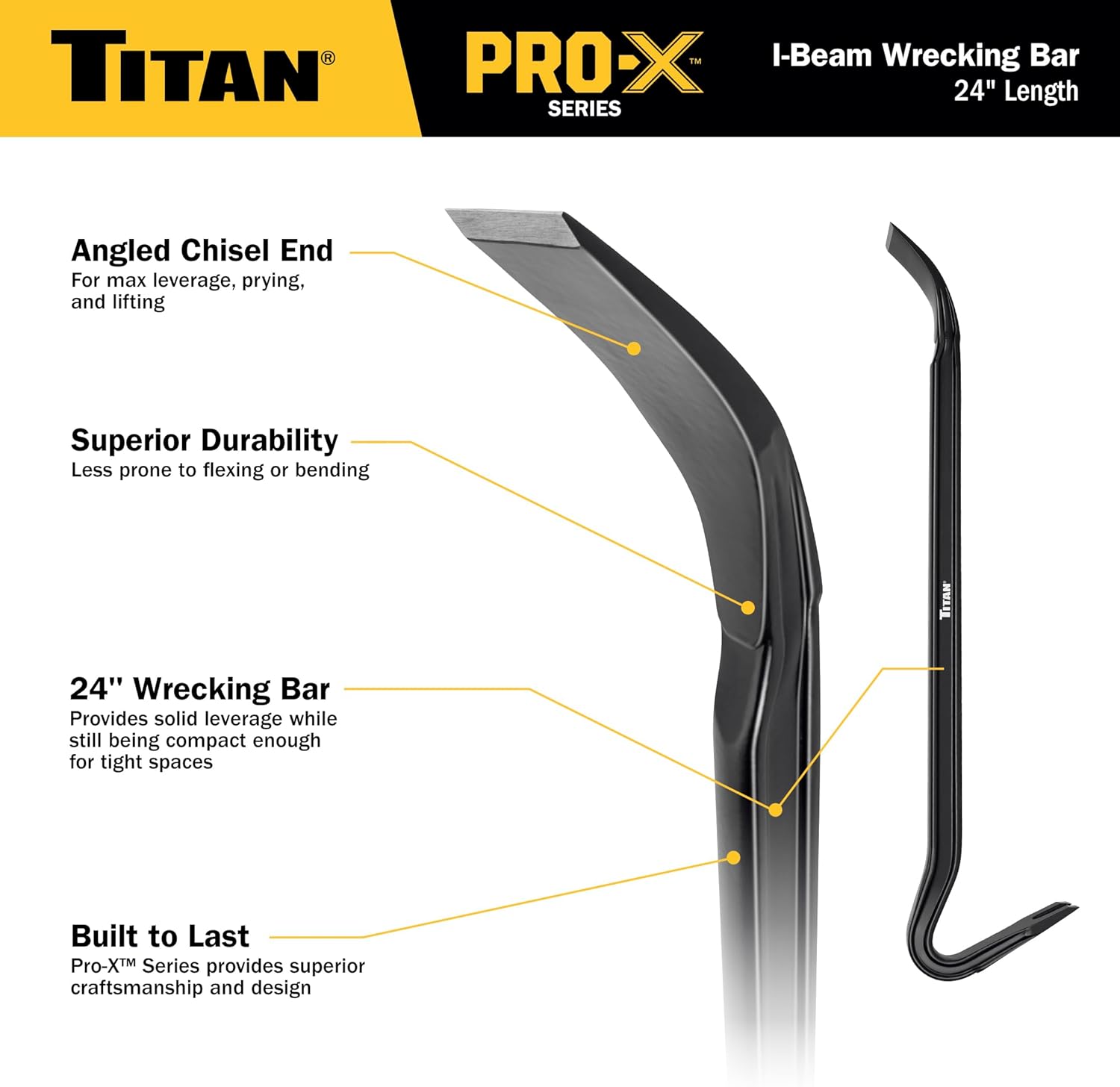 Titan Pro-X 63800 24-Inch I-Beam Wrecking Bar with Curved Gooseneck Design, Fully Hardened High Carbon Steel Construction, Angled Chisel End, Flat Striking Target
