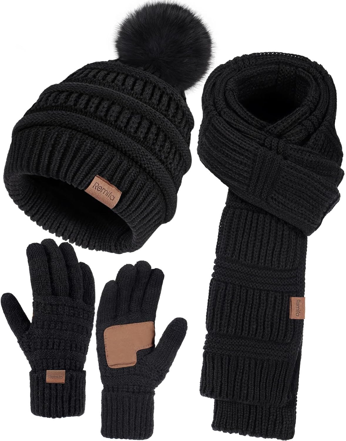 Remifa Winter Beanie Hat Scarf Gloves Set for Women, Slouchy Pom Pom Hat Long Knit Scarf Touchscreen Gloves Christmas Gifts