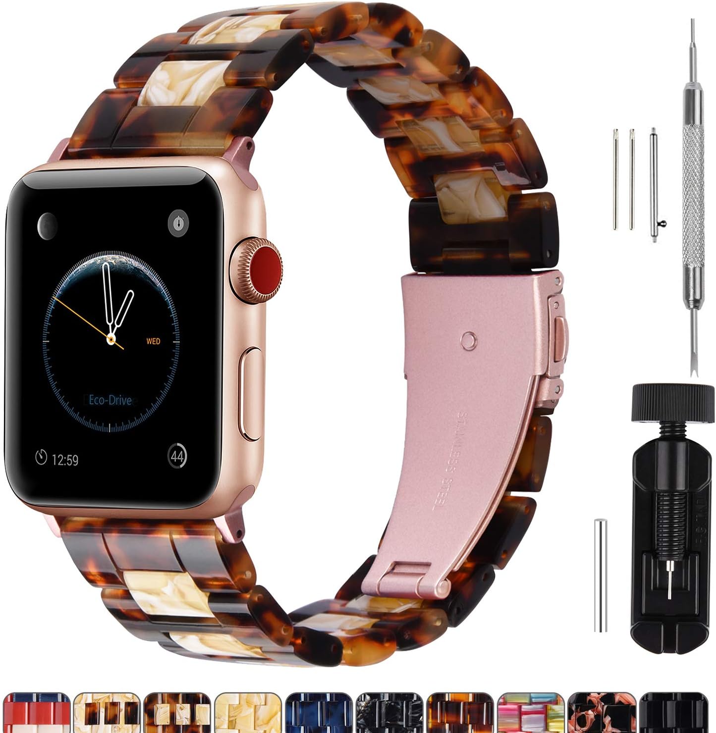 Fullmosa Watch Band Compatible with Apple Watch 42/44/45/41/40/38mm, Bright Resin Compatible for iWatch SE & Series 7/6/5/4/3/2/1/Ultra 49mm, Dark Amber+Banana Milk(Rose red Hardware) 42mm