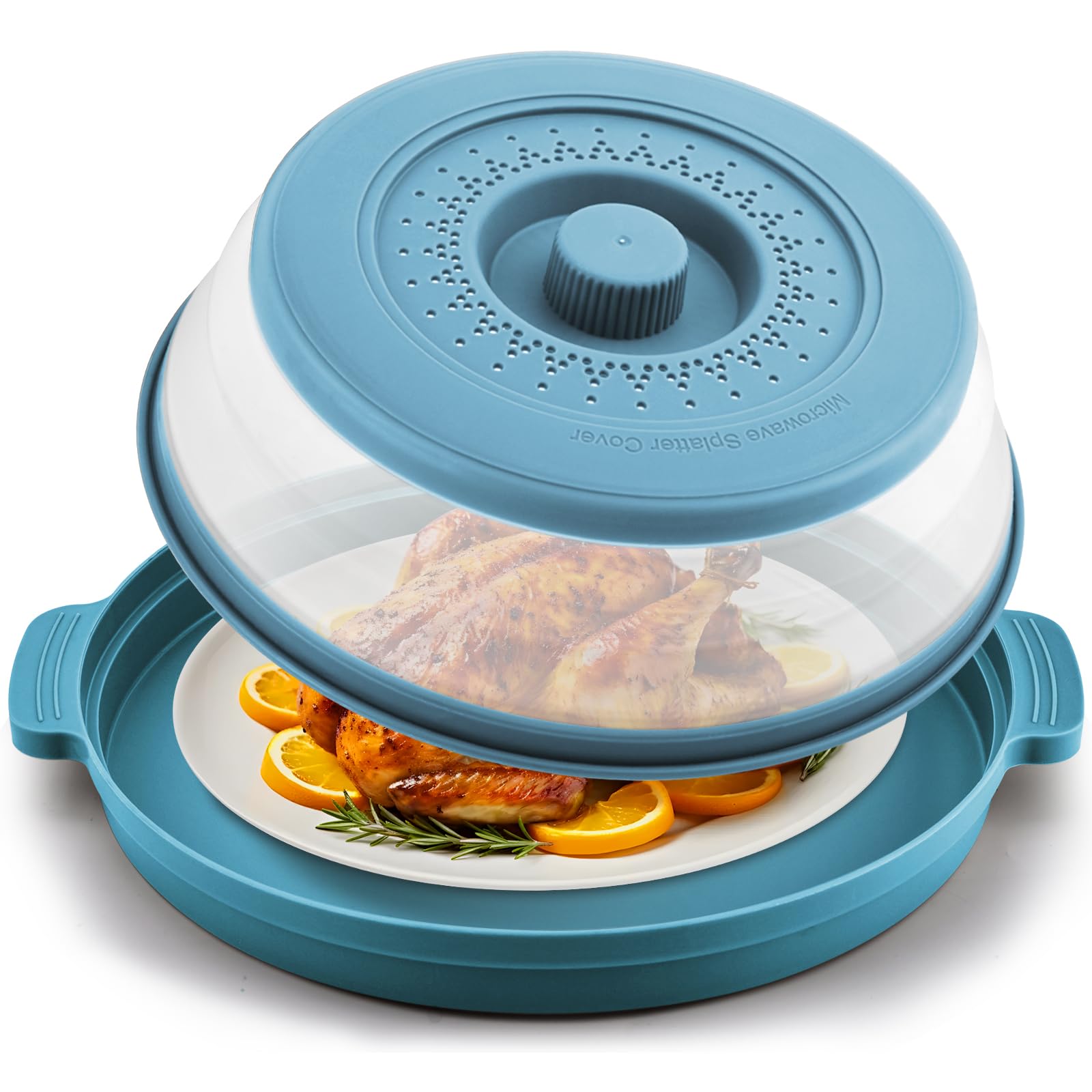 Microwave Splatter Cover for Food,Cover with Anti-scald Base Plate,Large Plastic &amp; Silicone Vented Avoid Scalding Collapsible Guard Lid,Kitchen for Meal Prep-10.7 Inch (Blue)