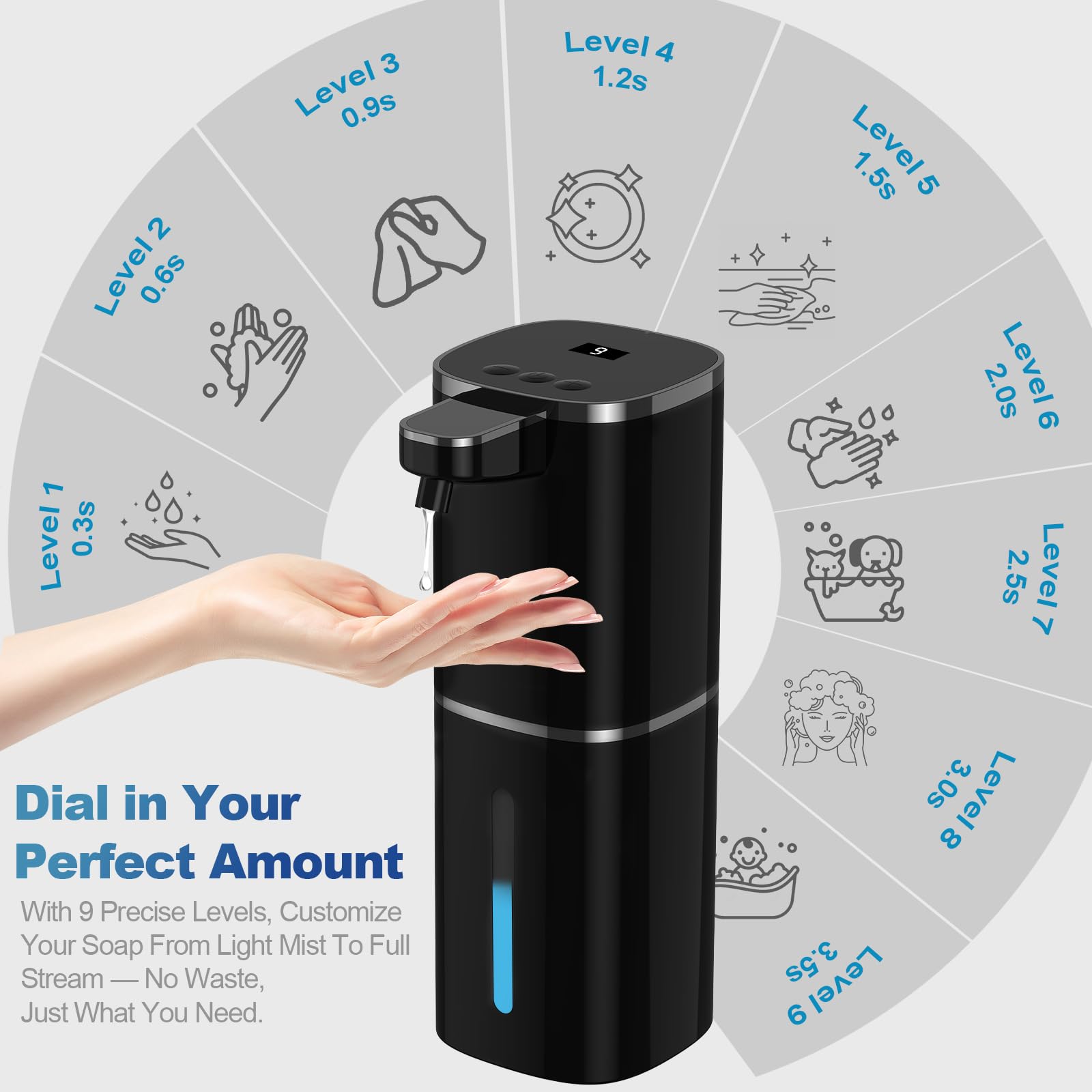 Dispensador automático de jabón líquido, 9 niveles ajustables, 380 ml, dispensador de jabón de manos o jabón para platos, sensor IR y pantalla, montaje en pared o mesa para baño, cocina (negro)