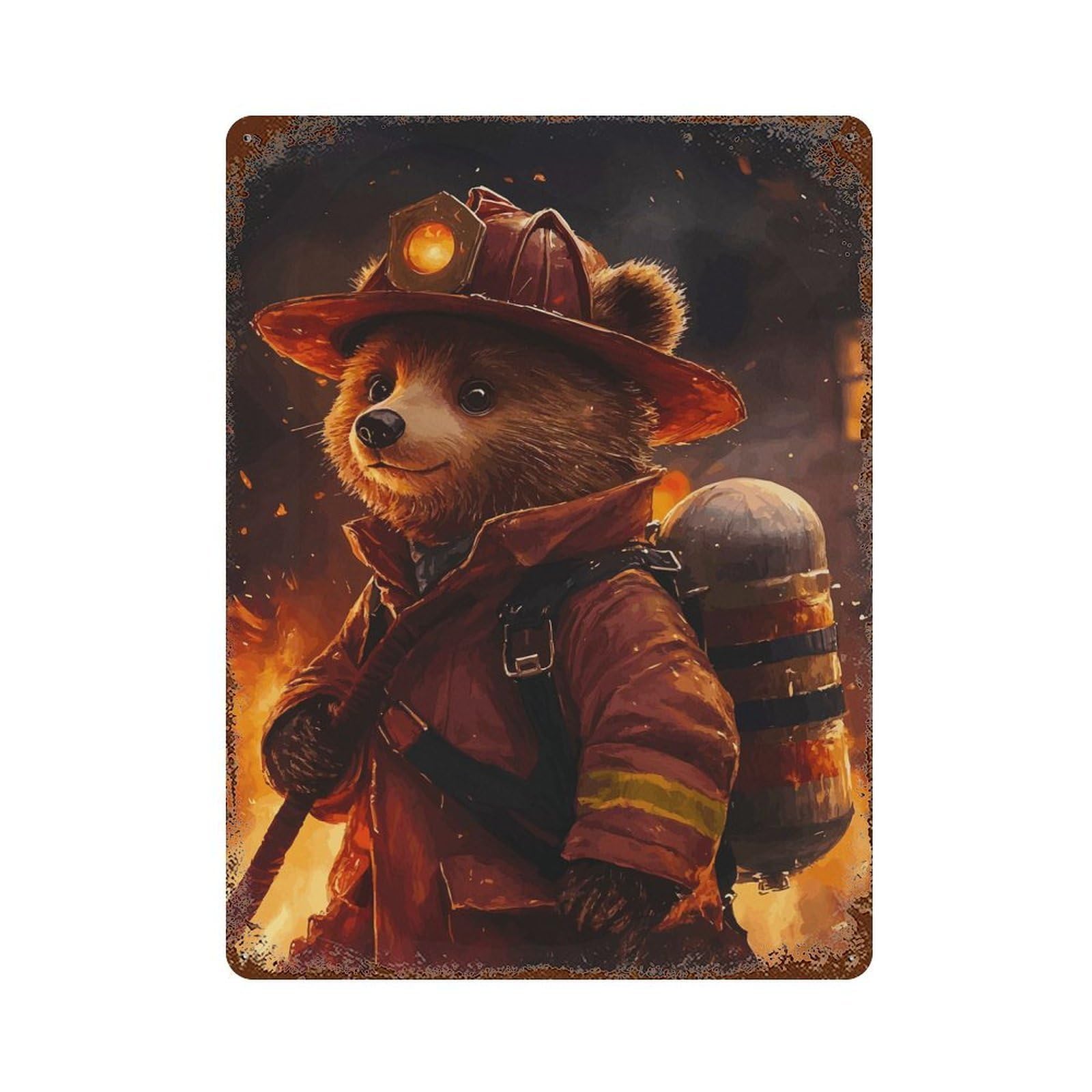 Brave Firefighter Bear Decorative Tin Sign 15.7"x11.8", Rustic Home Decor for Garage, Pub Or Kitchen