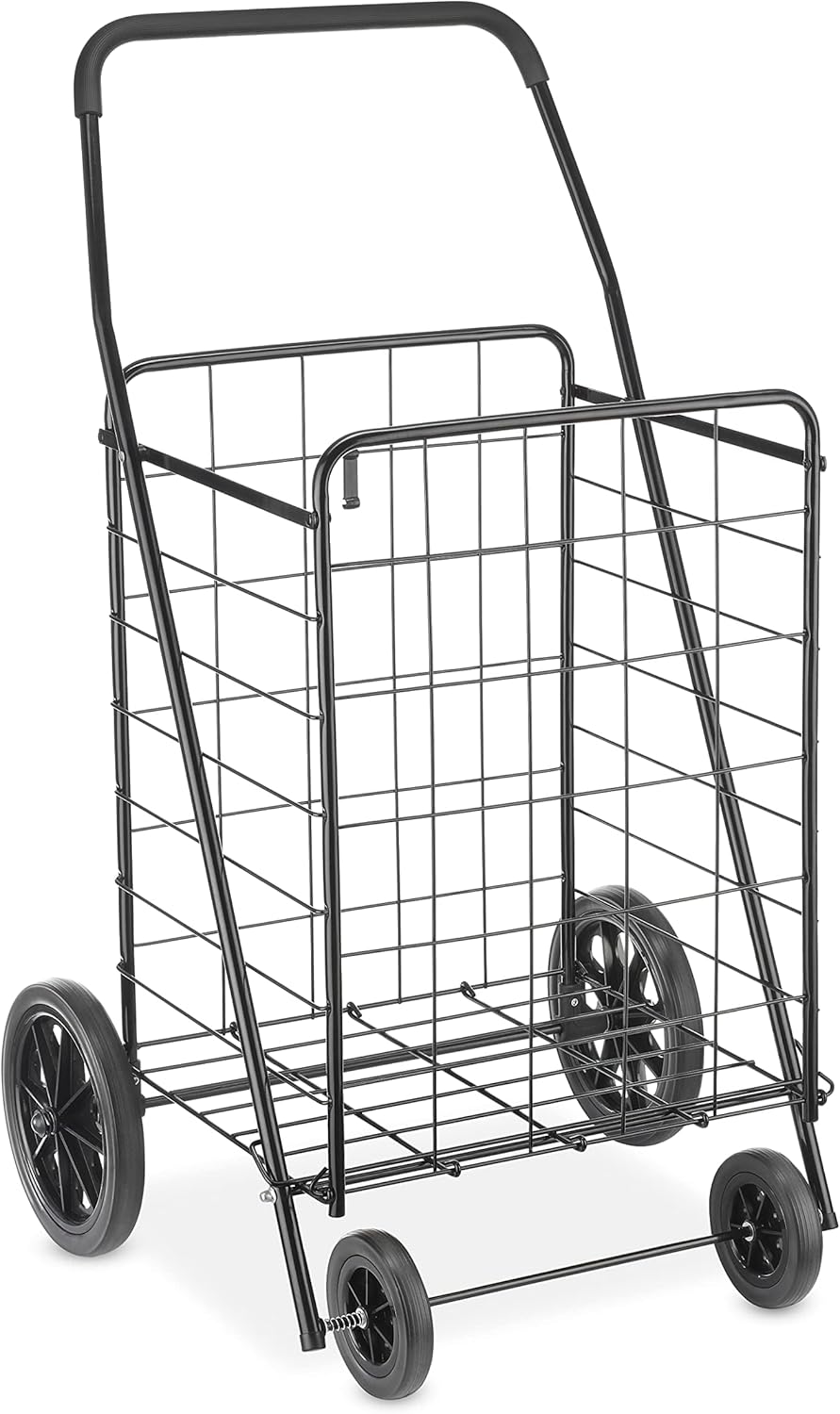 Whitmor Extra Large Utility Foldable Shopping Cart with Wheels, 100 Lb Capacity, Heavy Duty Grocery Cart with Steel Frame, Foam Handle, Rolling Collapsible Utility Trolley for Grocery, Laundry, Black