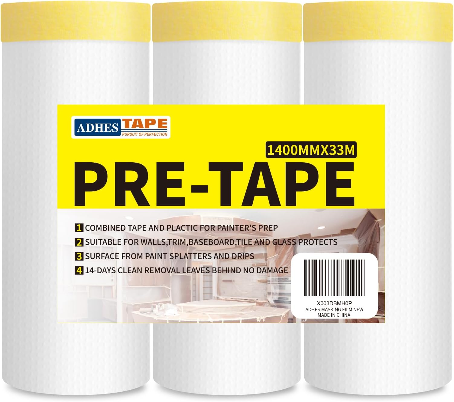 ADHES Pre Taped Masking Film with Adhesive Edge, 55 inch x 108 feet, 3 Rolls No Residue Masking Tape for Painting, Automotive, and DIY Projects Tape and Drape for Floor Furniture Protection