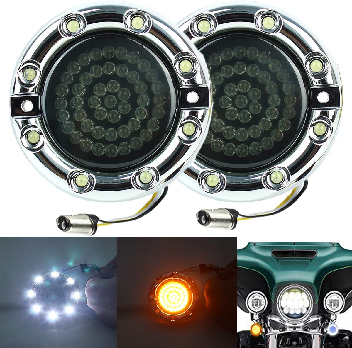 ZYTC 3 1/4" LED Turn Signals w/Running Light Bullet Style Front 1157 LED Turn Signal Kit White Amber for Harley Silver Case