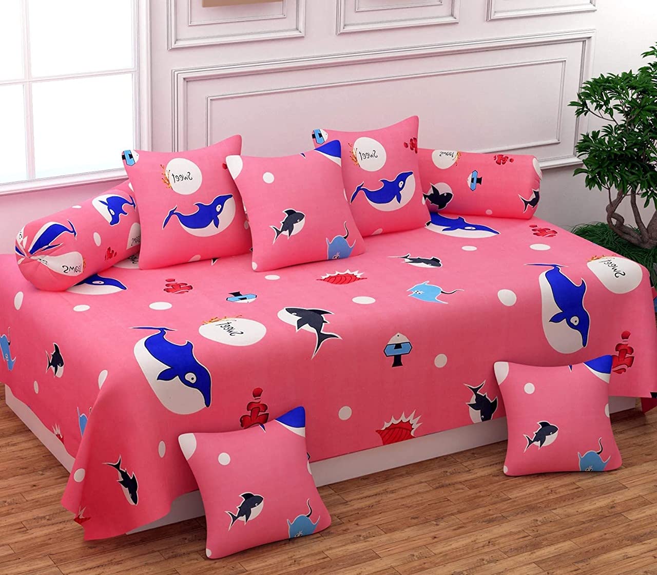MORADO® 160 TC Glace Cotton 8 Pieces Diwan Set Including 1 Bedsheet, 5 Cushion Covers and 2 Bolster Covers, Pink-image-44