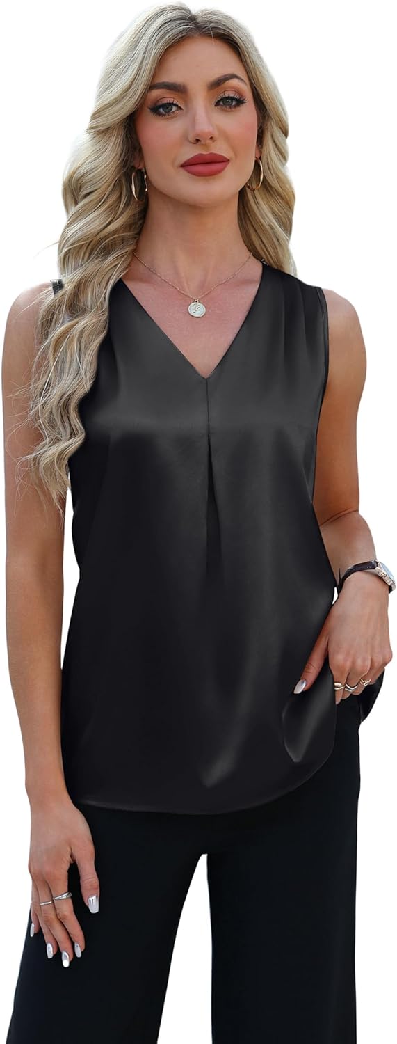 OFEEFAN Womens Tank Tops V Neck Silk Satin Camisole Pleated Sleeveless Blouses Dressy Casual Business Summer Basic Tank Shirt - Image 3
