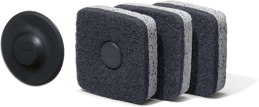 Curio Home Goods Ionic Non-Scratch Kitchen Sponge with Magnetized Holder, Dual Sided Cellulose and Scrub Pad, 3 Pack, Black/Grey