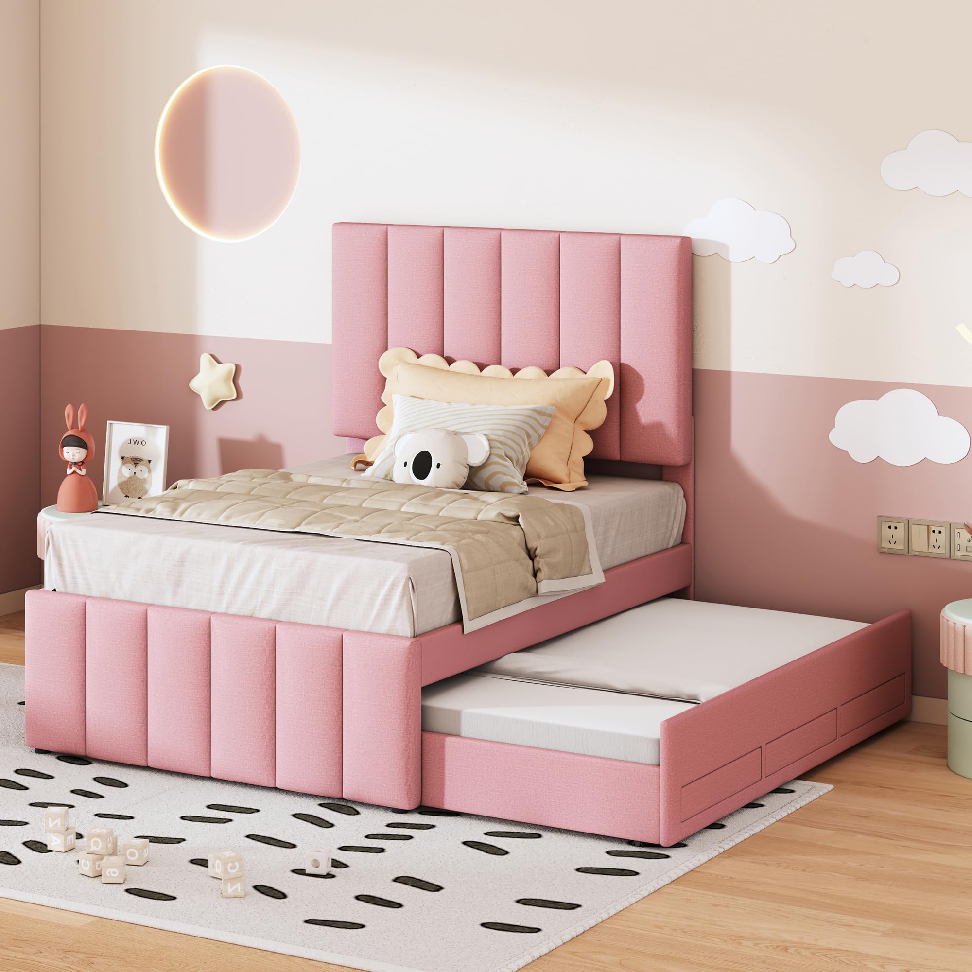 Cama tapizada de 90 x 200 cm con cama plegable y cajones de almacenamiento, acolchado de lino respetuoso con la piel, cama individual, cama infantil, cama juvenil, cama de invitados (rosa)