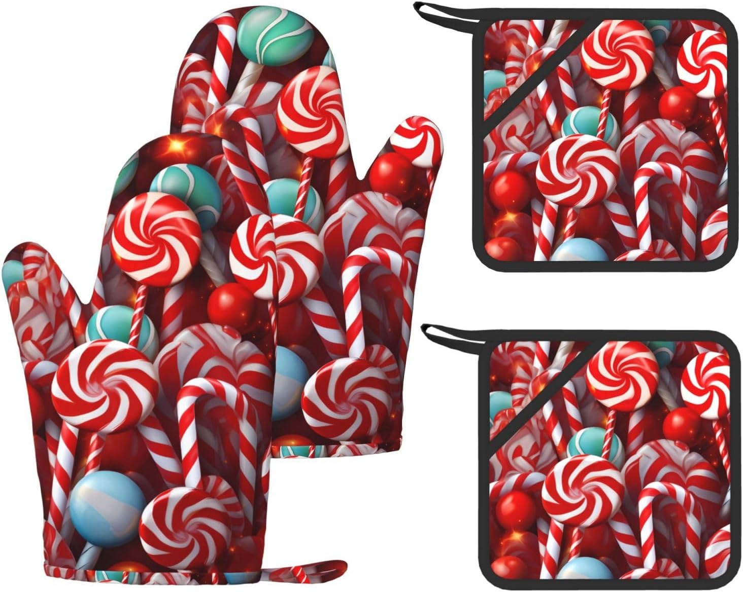 Candy 4pcs Oven Mitts and Pot Holders Sets for Kitchen, Silicone Oven Gloves Non-Slip Potholders Hot Pads for Baking Cooking