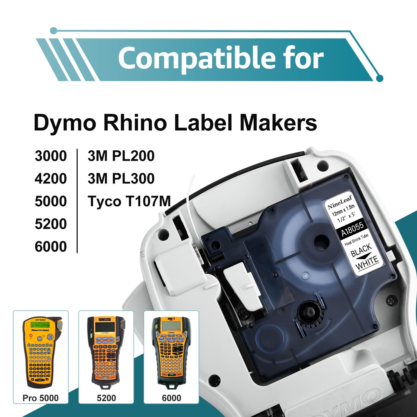 NineLeaf kompatibel für Dymo Rhino Industrie Schrumpfschlauch-Kabeletiketten 18055 S0718300 12mm x 1.5m Bänder Schwarz auf Weiß für Rhino 3000 4200 5000 5200 6000 3M PL150 Beschriftungsgerät, 5PK