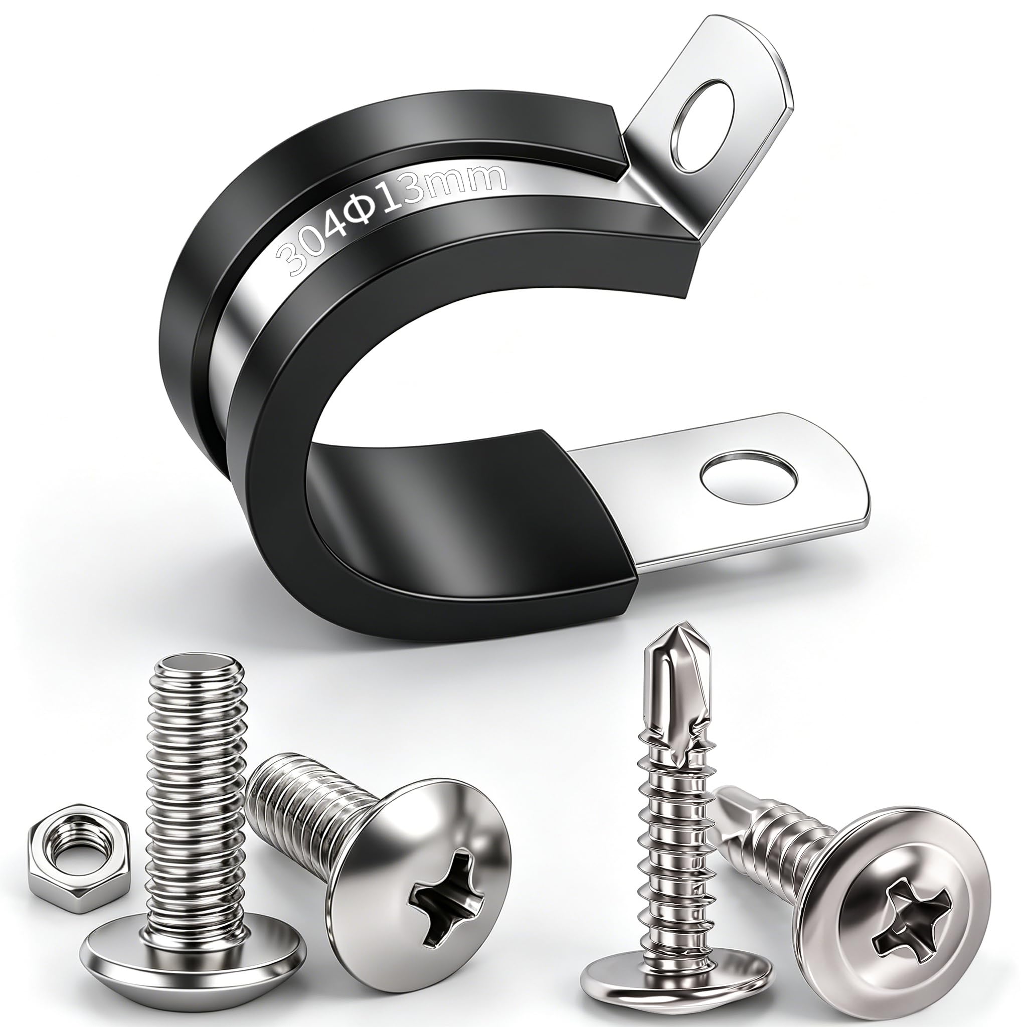 Twidec/50PCS 1/2 Inch Cable Clamp 304 Stainless Steel Rubber Coated Cushion Pipe Clamps,Metal Clamp,With Metal Rubber Clips For Automotive Wire Tube Pipe Clamps N-056-1/2