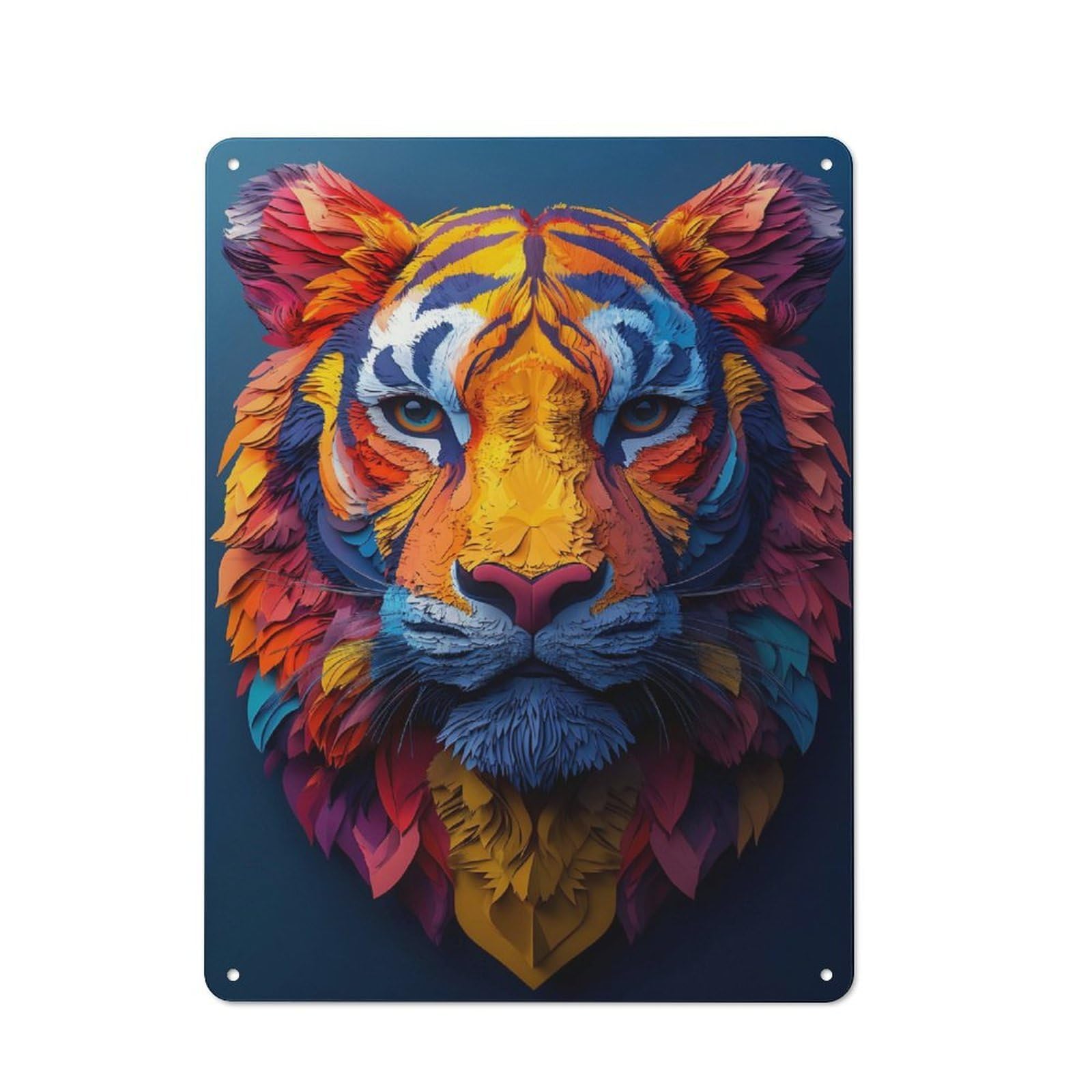 Junmoney Style-2 Colorful Tiger Portrait On Dark Background Vintage Metal Sign 40X30cm For Hobby Room Or Studio, Housewarming Present For People Styling Hobby Room And Studio