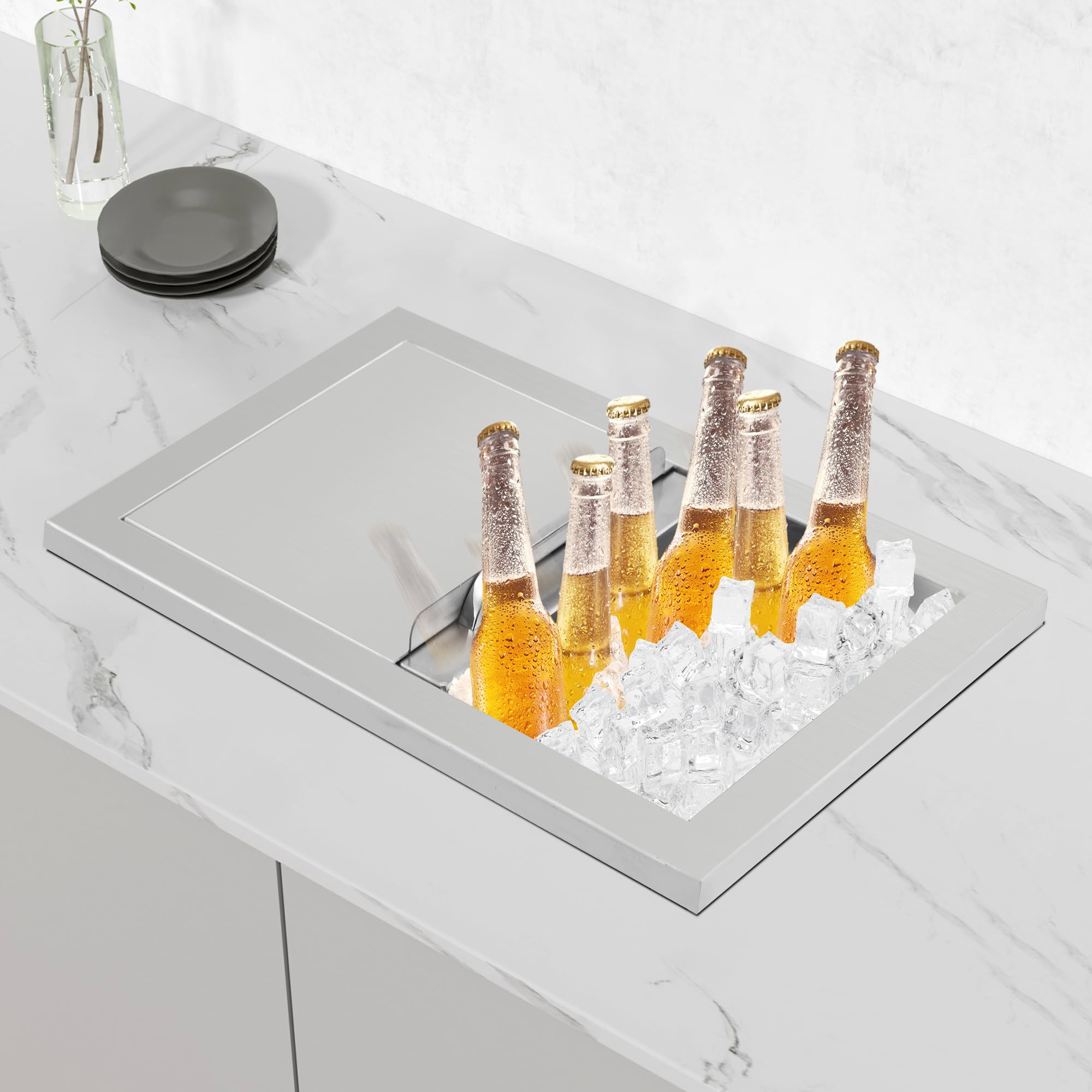 Garvee 26,5L Einbaubarer Getränkekühler Edelstahl– Drop-In Eisbox mit Schiebedeckel, Ablauf, 24h Isolierung für Outdoor-Küche, Bar & Party (18x12x14 Zoll, Schwarz/Silber)