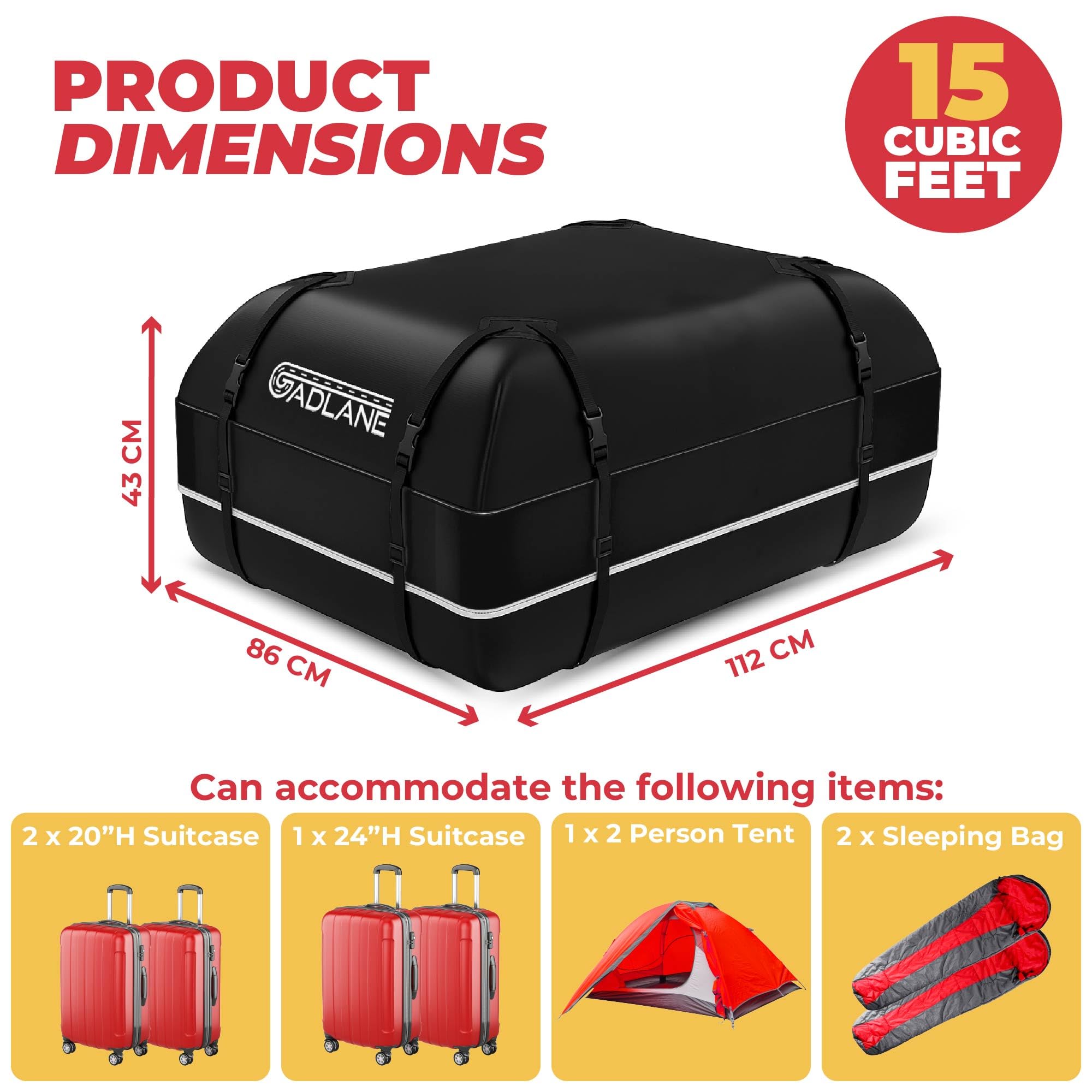 GADLANE Borsa da Tetto per Auto - 425L Box da Tetto Impermeabile per Auto con/senza Portapacchi, con Tappetino Antiscivolo, 4 Cinghie Robuste, Lucchetto a Combinazione, Borsa Portaoggetti (Nero)