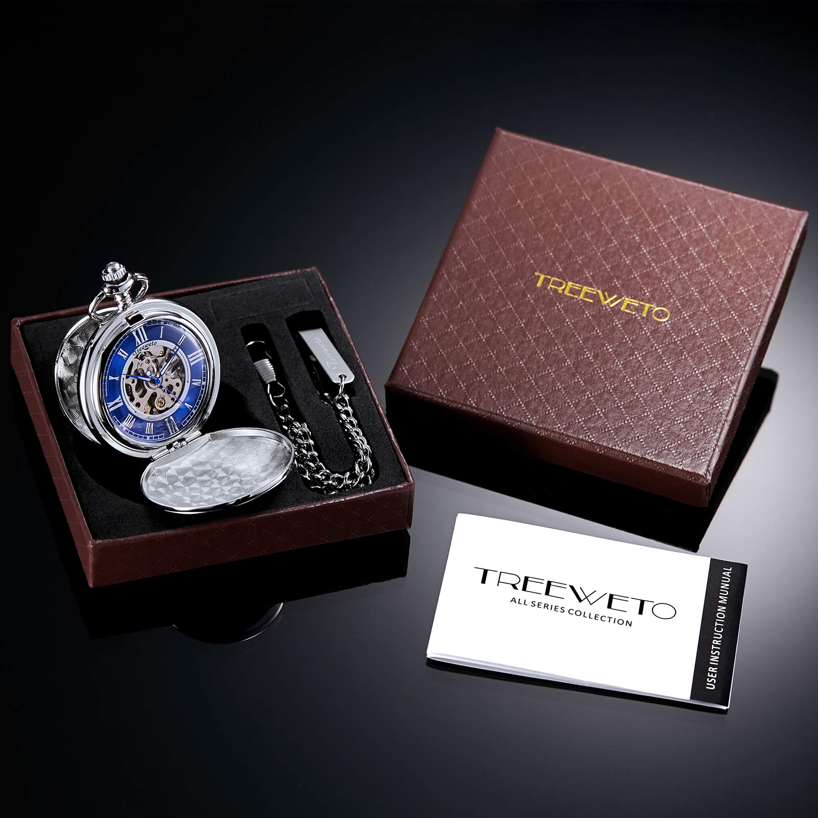 TREEWETO Pocket Watch - Smooth Double Case Series Skeleton Dial Delicate Mechanical Movement with Chain, Gold/Silver