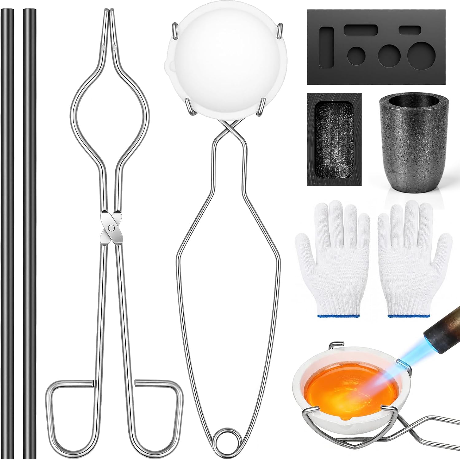 Hysagtek 9 Pcs Crucibles for Melting Metal Kit - Graphite Torch Melting Casting Kit, Graphite Crucible, Graphite Ingot Molds, 2 Crucible Stir Stick, Quartz Cup & Tongs, Gloves