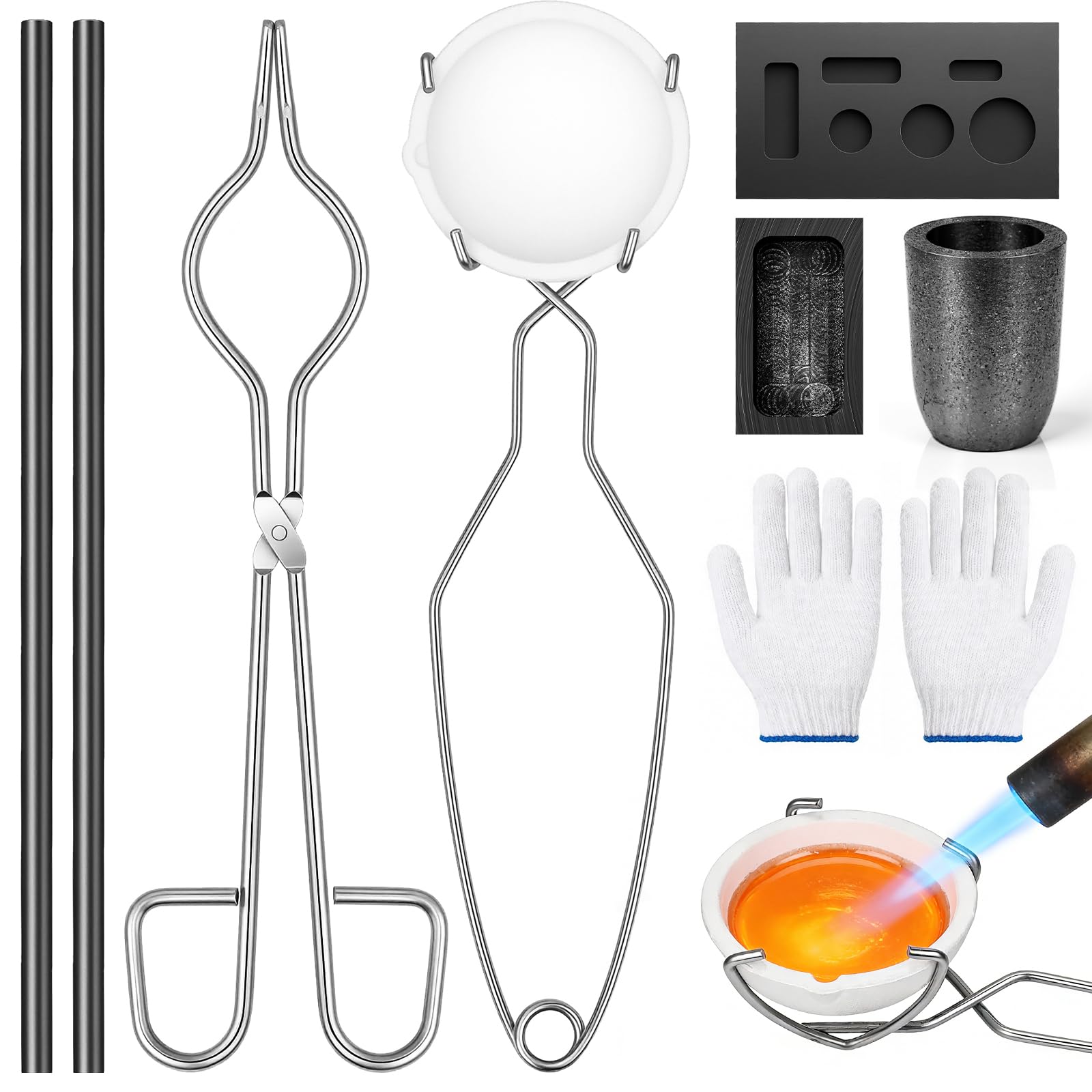 Hysagtek Kit de 9 crisoles para derretir metal, kit de fundición de antorcha de grafito, crisol de grafito, moldes de lingote de grafito, 2 varillas agitadoras de crisol, taza de cuarzo y pinzas