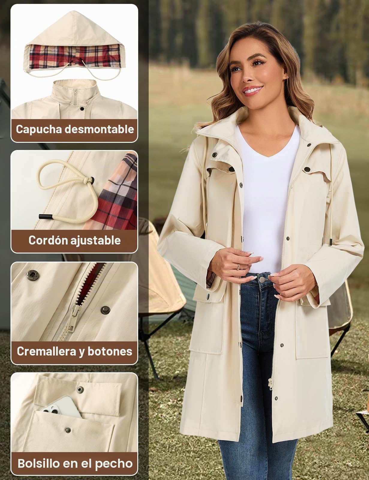 heekpek Chaqueta Chubasquero Mujer Parka Impermeable Largo Abrigo Ligero Gabardina Mujer Impermeable con Capucha y Bolsillo