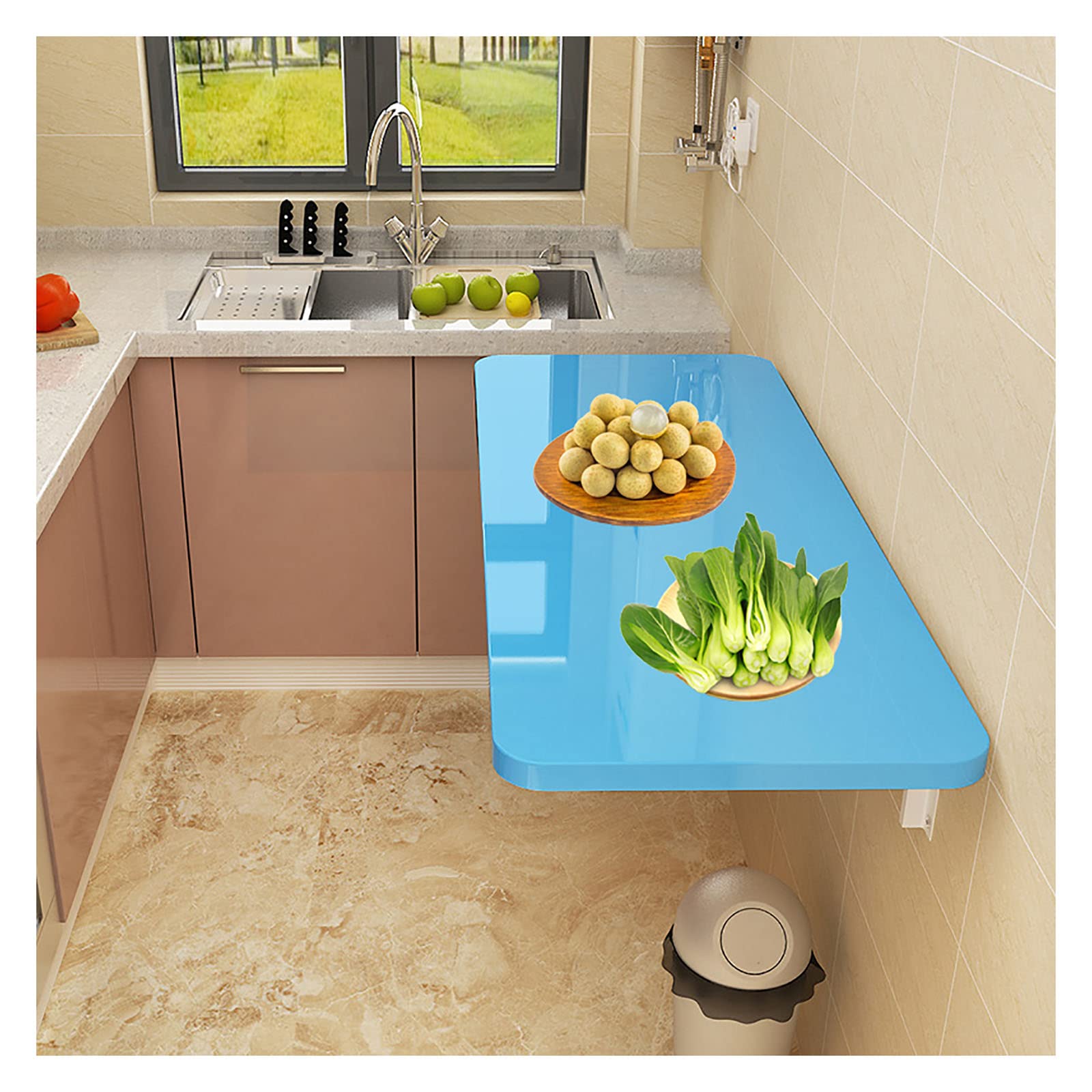 Floating Wall Mounted Folding Desk Drop Leaf Table for Small Spaces Ideal Laundry Room Study or Bedroom 60x30cm/24x12in Blue