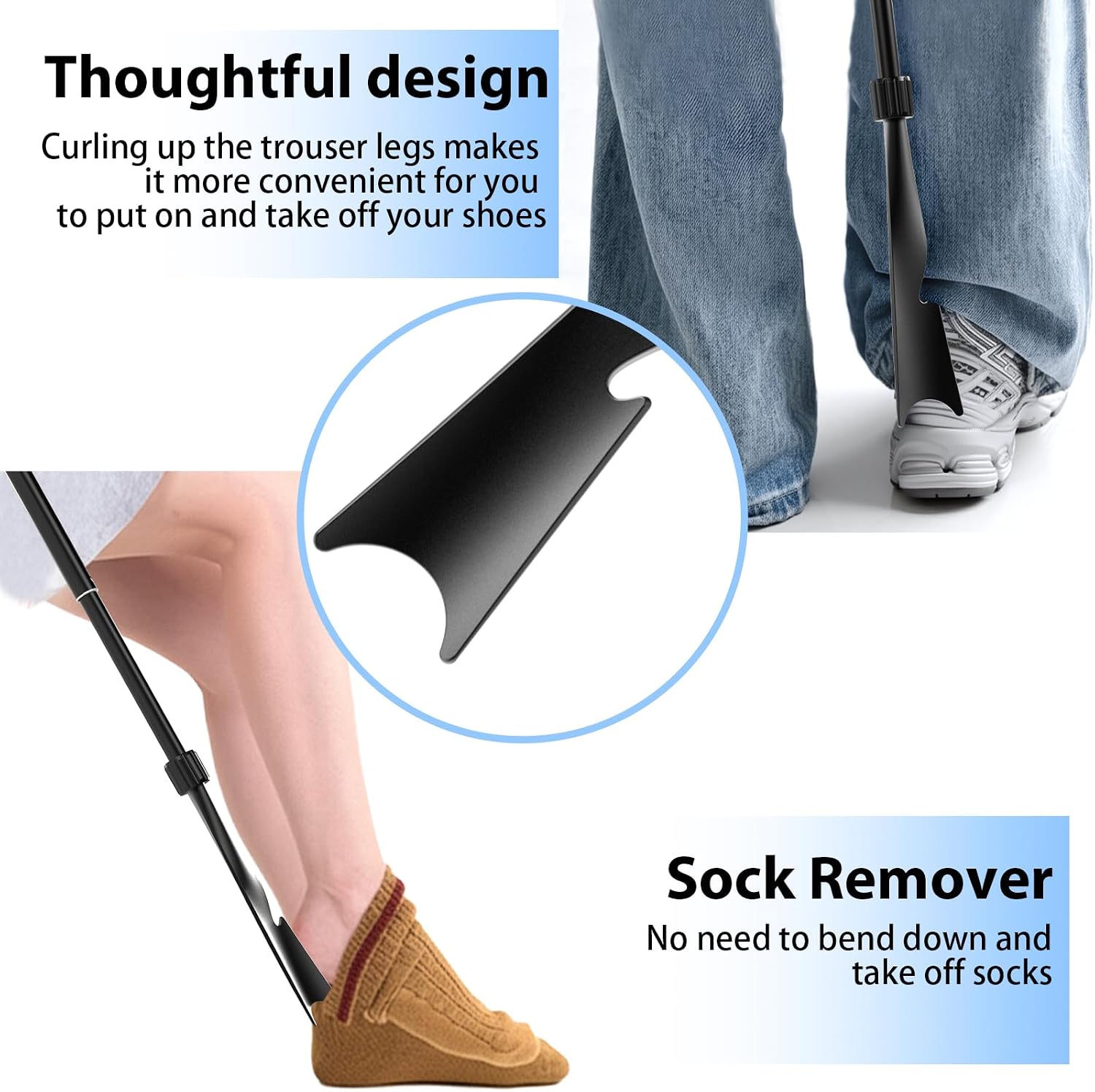 Shoe Horn Long Handle, 16.9'' - 37.4'' Telescopic Metal Shoe Horn with Trouser Hook and Sock Removal Aid, Adjustable Long Shoehorn for Seniors Men Women Kids
