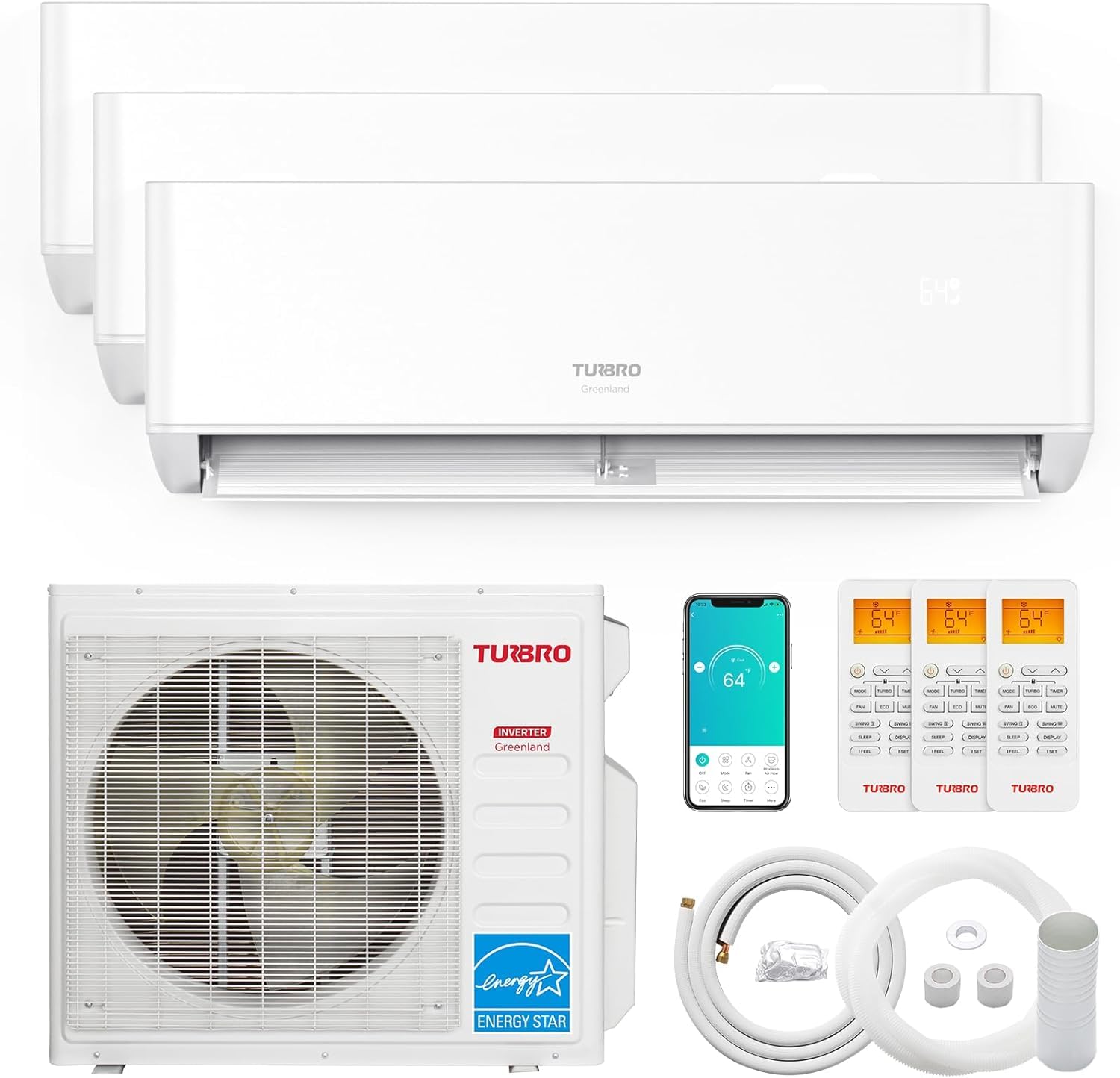 TURBRO 36,000 BTU 3 Zones Mini Split AC/Heating System, 22.5 SEER2, R454B, Ductless Multi Zones Inverter Mini Split Air Conditioner with Heat Pump, WiFi Enabled, Greenland (9K+9K+24K), 230V