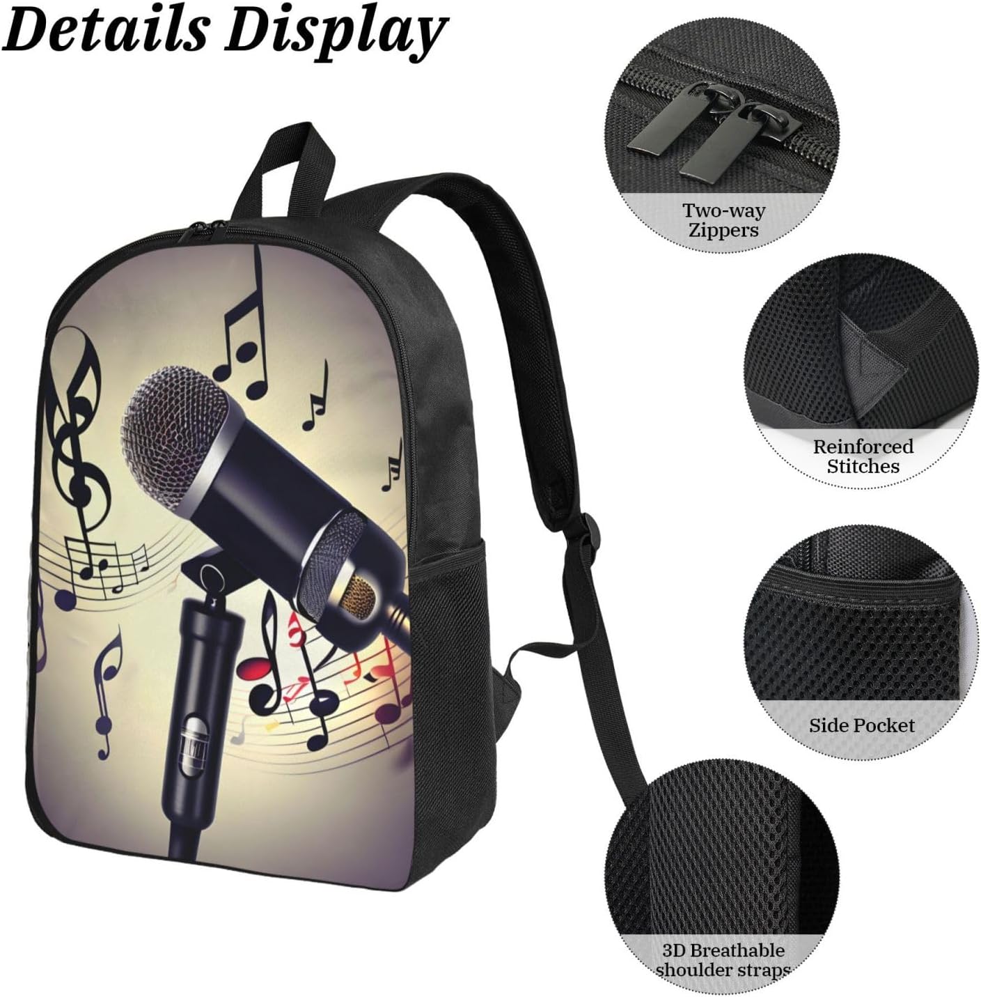 Microphone with Music Note print 3 Piece Backpack Bags with Lunch Box Pencil Case Set for Travel Work Camping Unisex