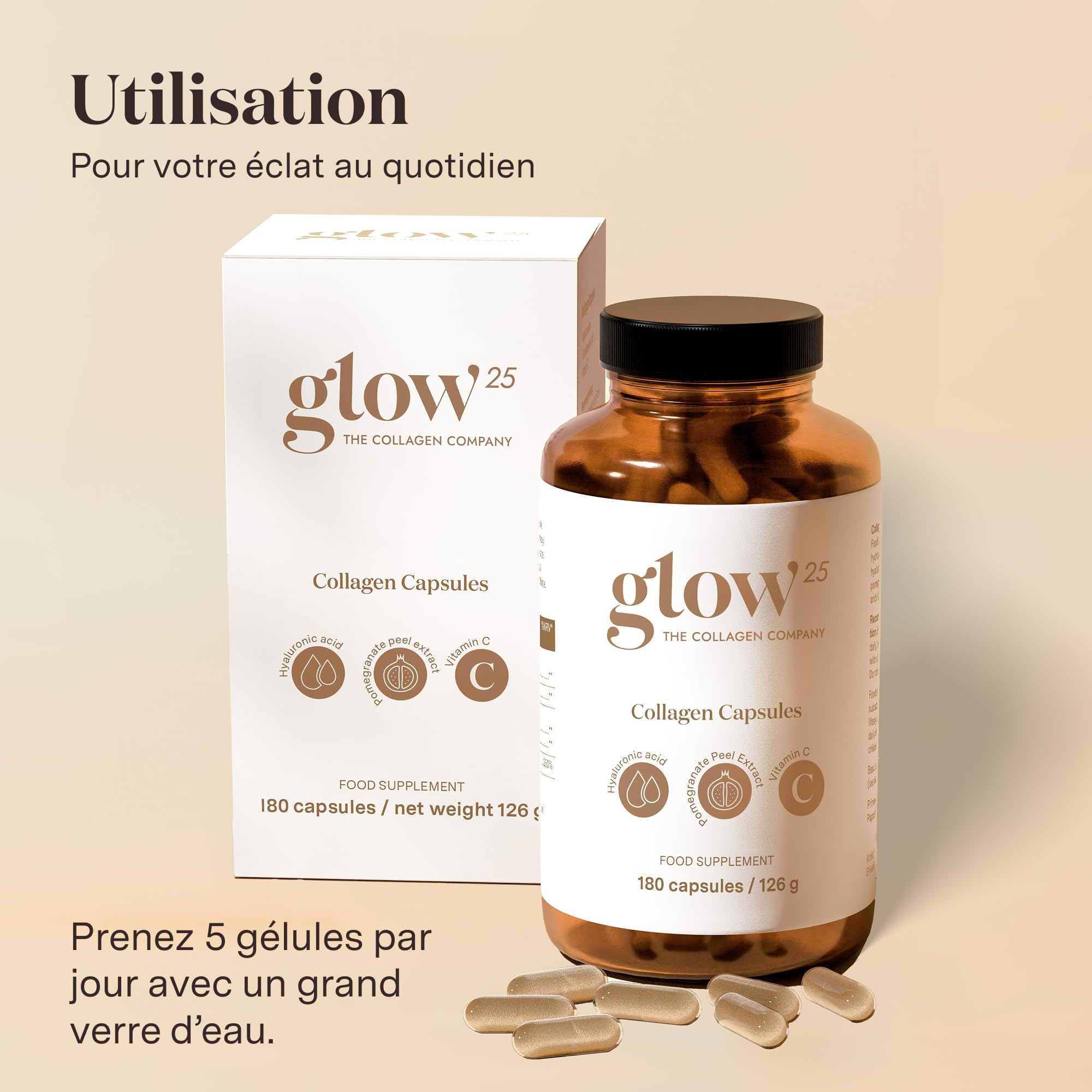 Glow25® Gélules de collagène 180 avec acide hyaluronique et vitamine C | Collagène hydrolysé de haute qualité avec acide hyaluronique et vitamine C, testé en laboratoire, fabriqué en Allemagne