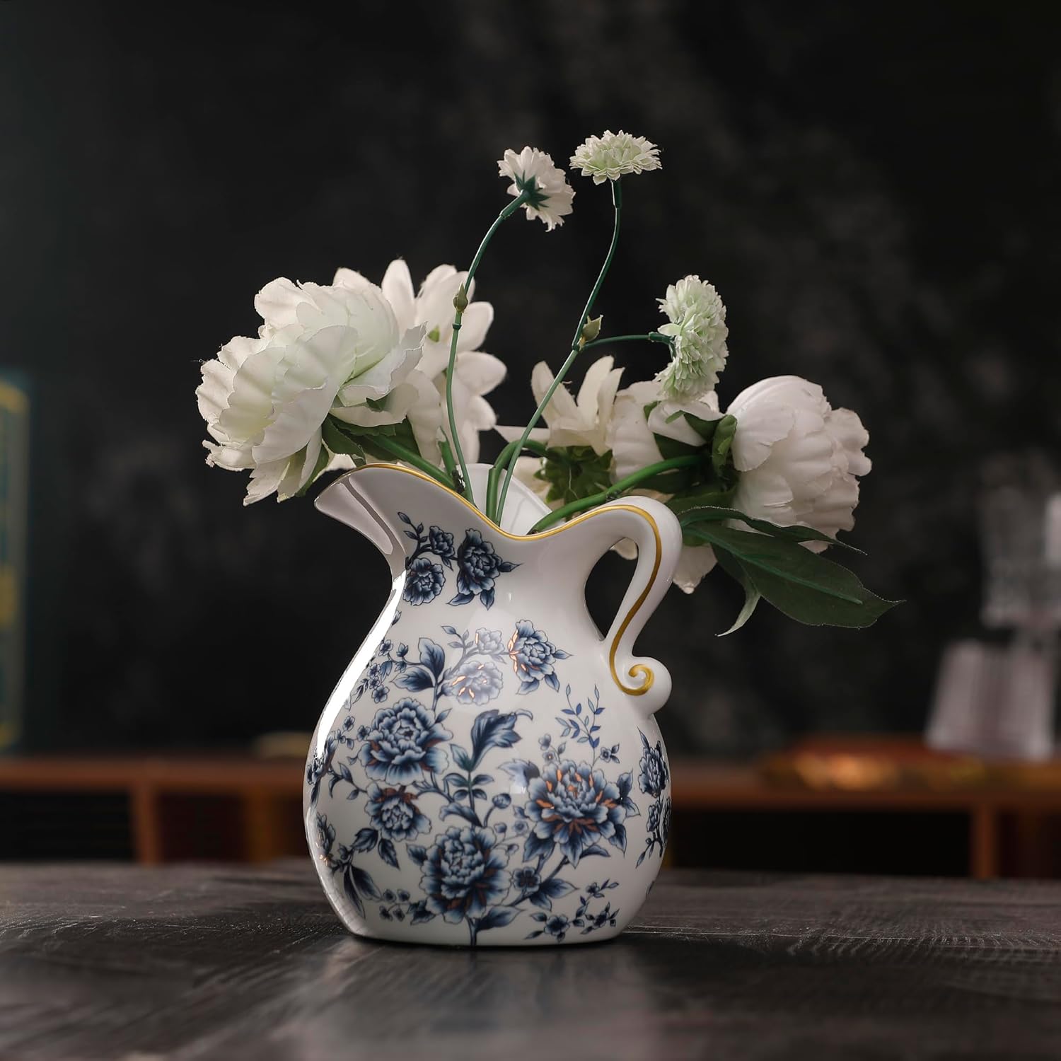 Blue and White Unique Vase with Hand Painted Gold-Handle, Rustic Ceramic Farmhouse Vases for Home Decor, Living Room, Bookshelf, Office, Grand Millennial Decors, Tuscan Decor 7.9 inch Tall.